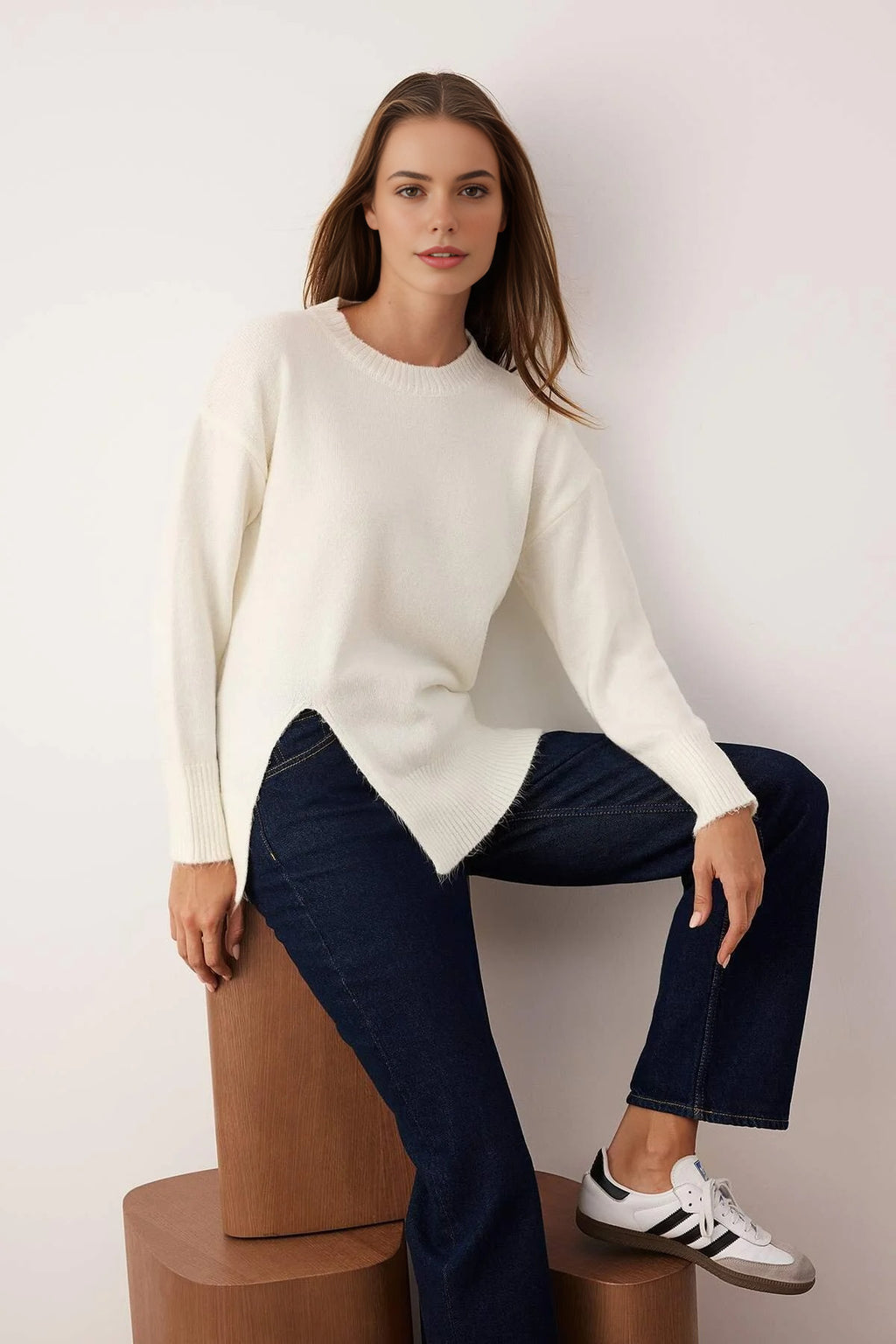 Soft Textured Knit Sweater with Slit Detail