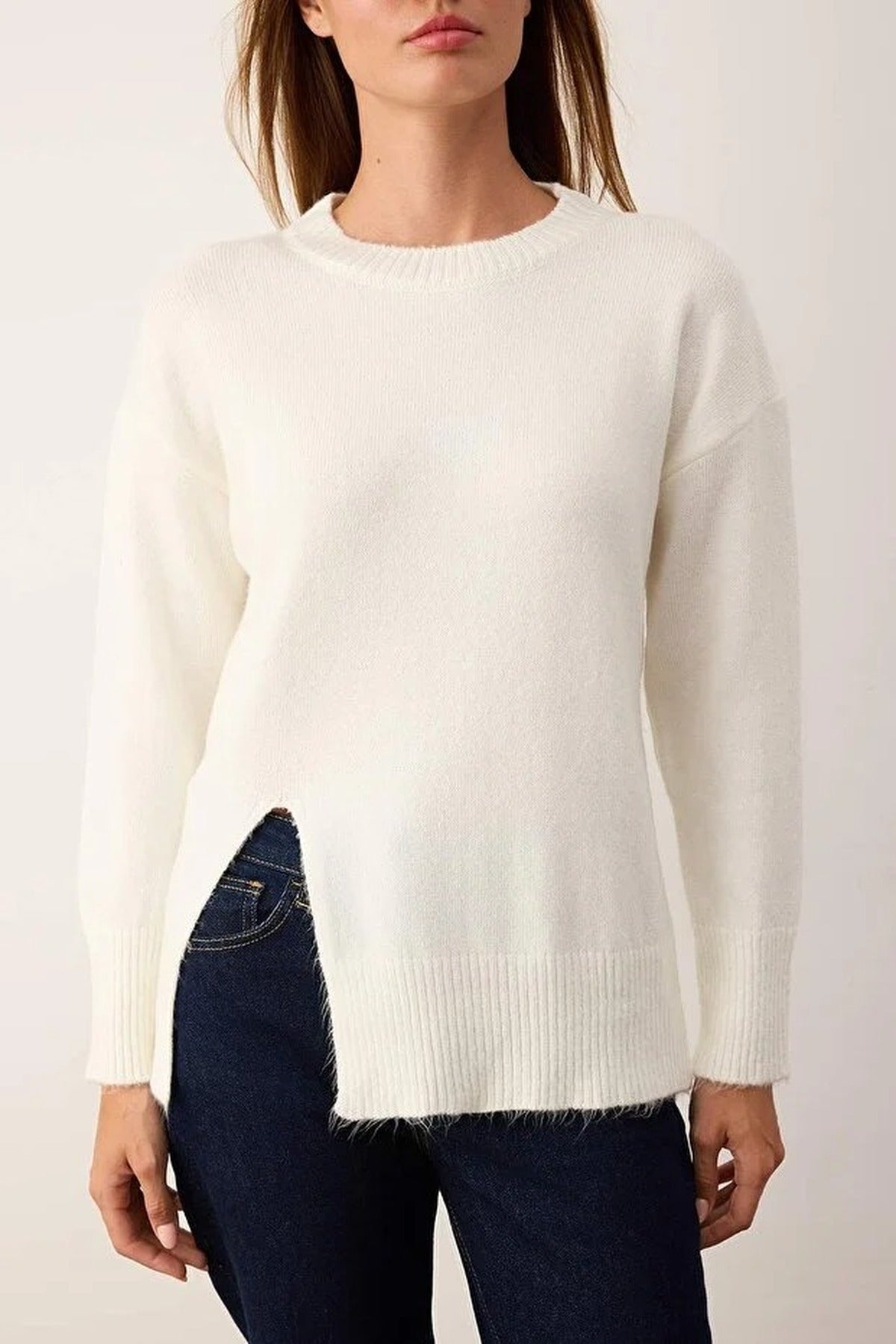 Soft Textured Knit Sweater with Slit Detail