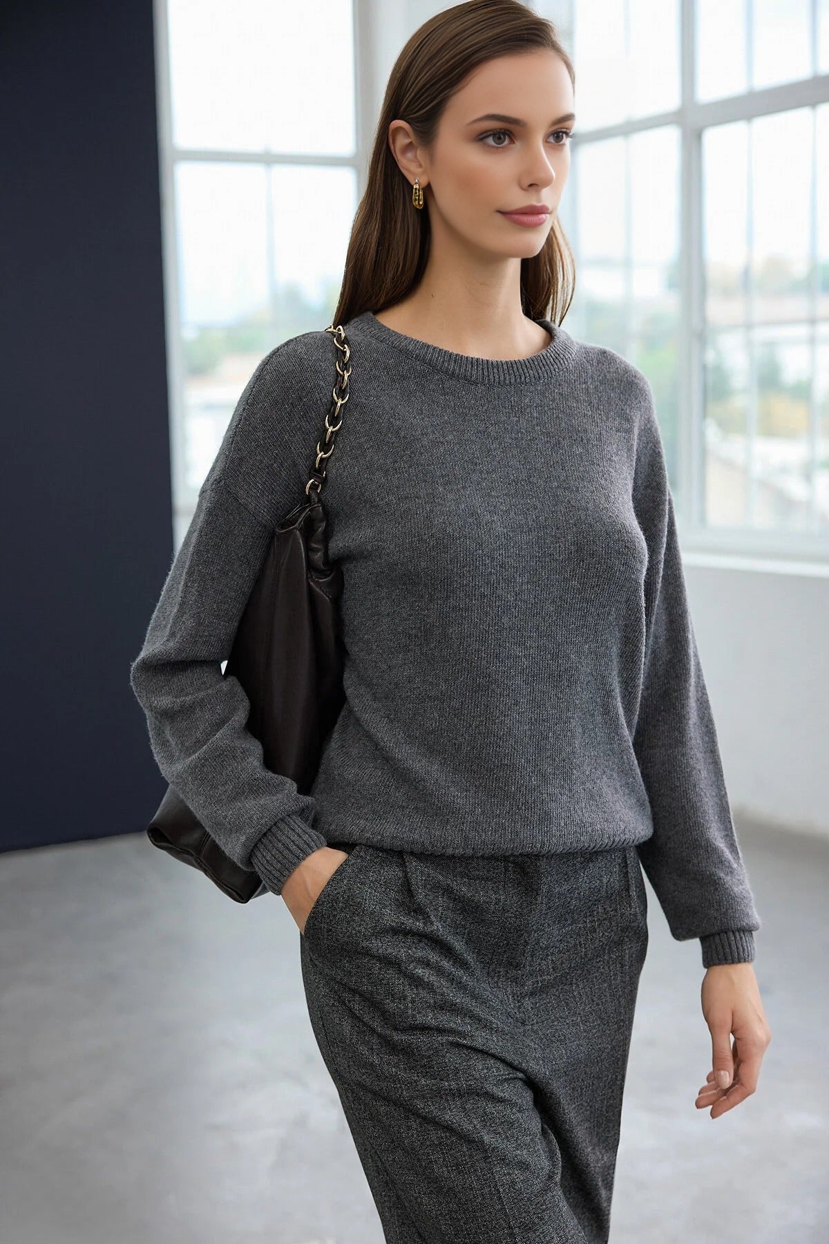 Cashmere Blend Crew Neck Knit Sweater