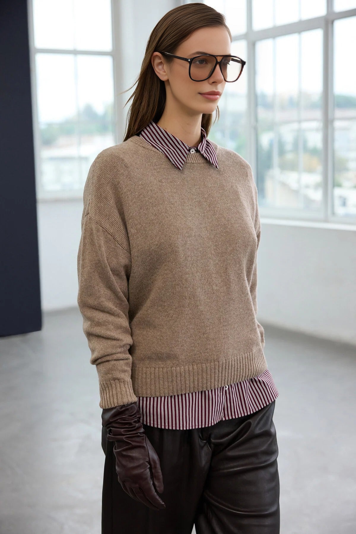 Cashmere Blend Crew Neck Knit Sweater