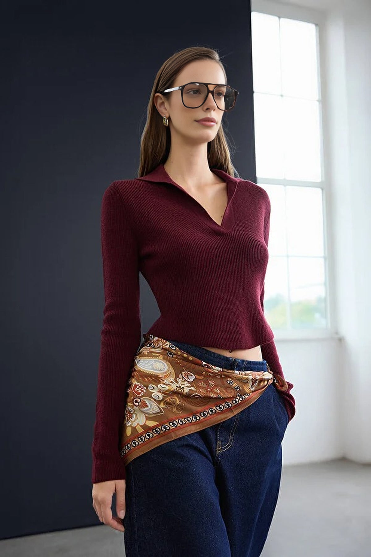 Soft Textured Polo Neck Wool Knit Sweater