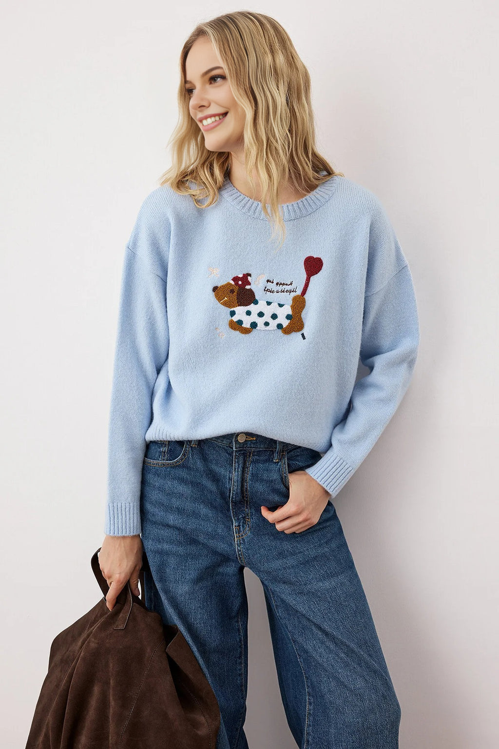 Soft Textured Wide Pattern Dog Embroidered Knitwear Sweater