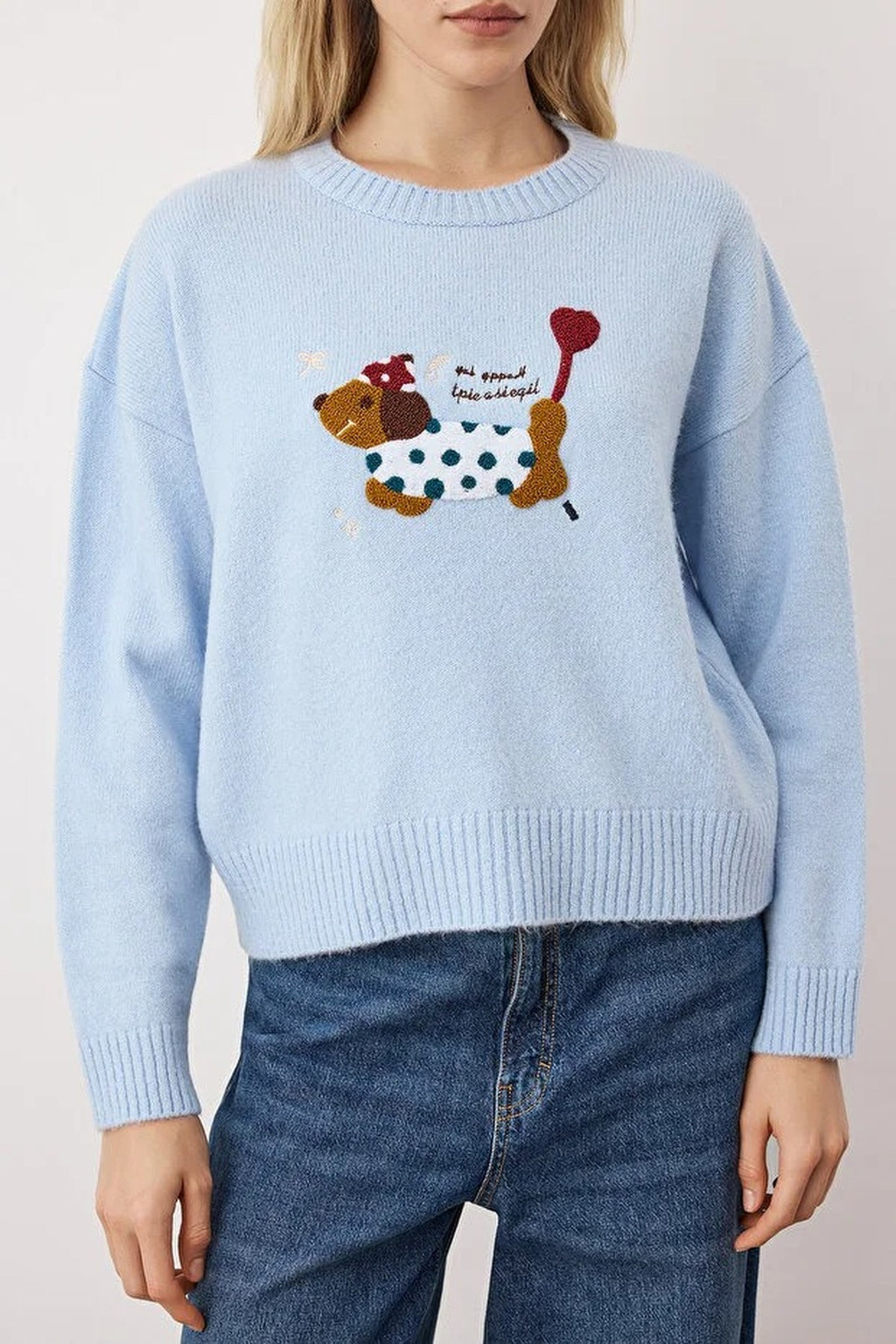 Soft Textured Wide Pattern Dog Embroidered Knitwear Sweater