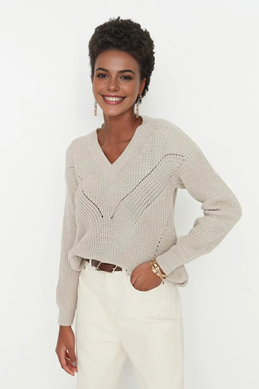 Openwork V-Neck Knit Sweater