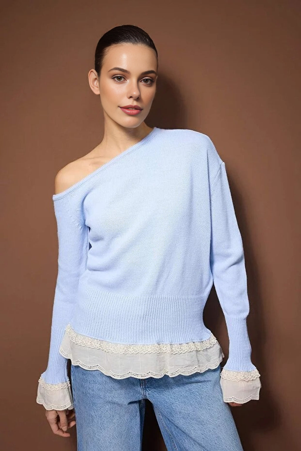Lace Trimmed Boat Neck Knit Sweater