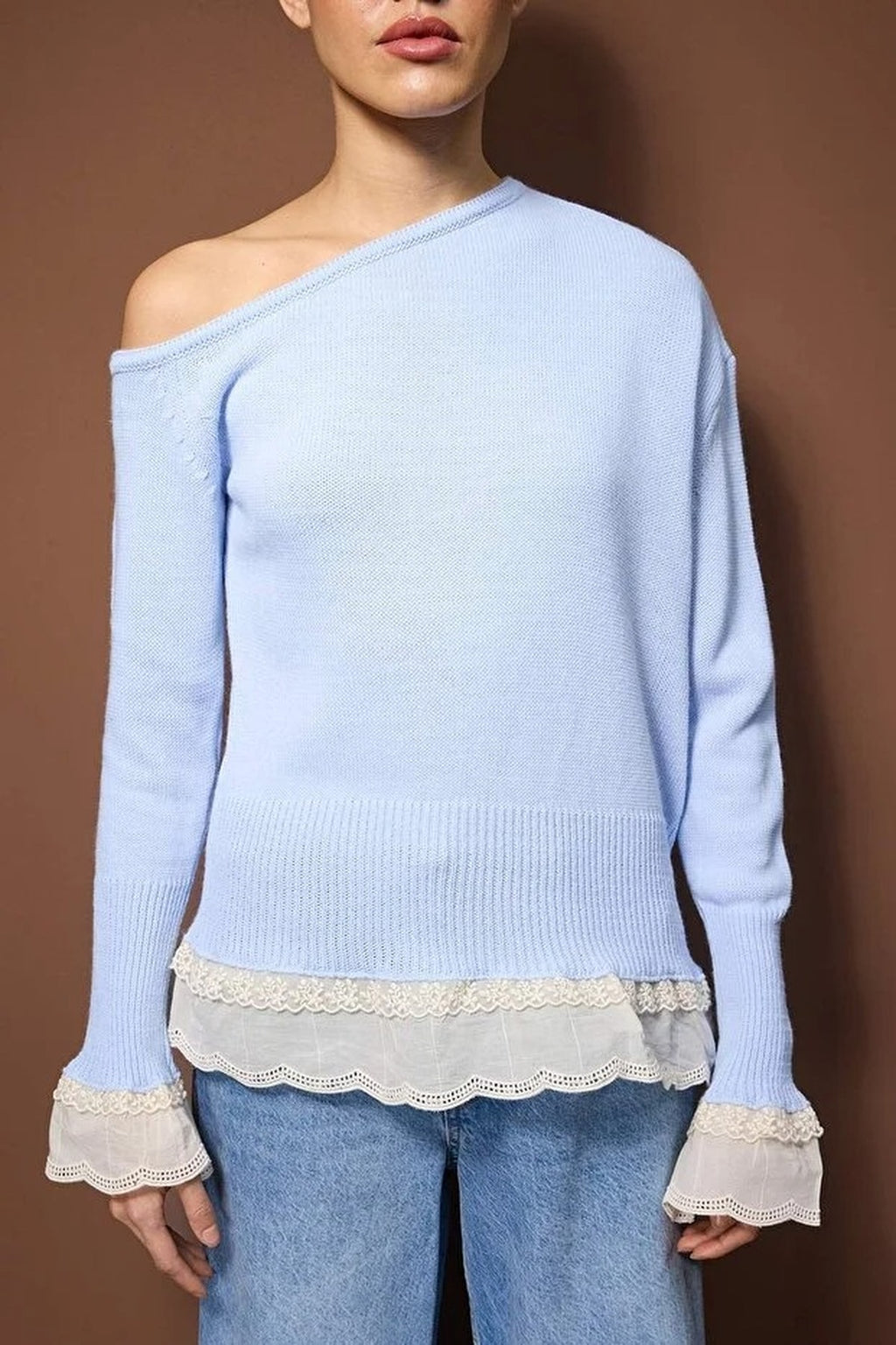 Lace Trimmed Boat Neck Knit Sweater