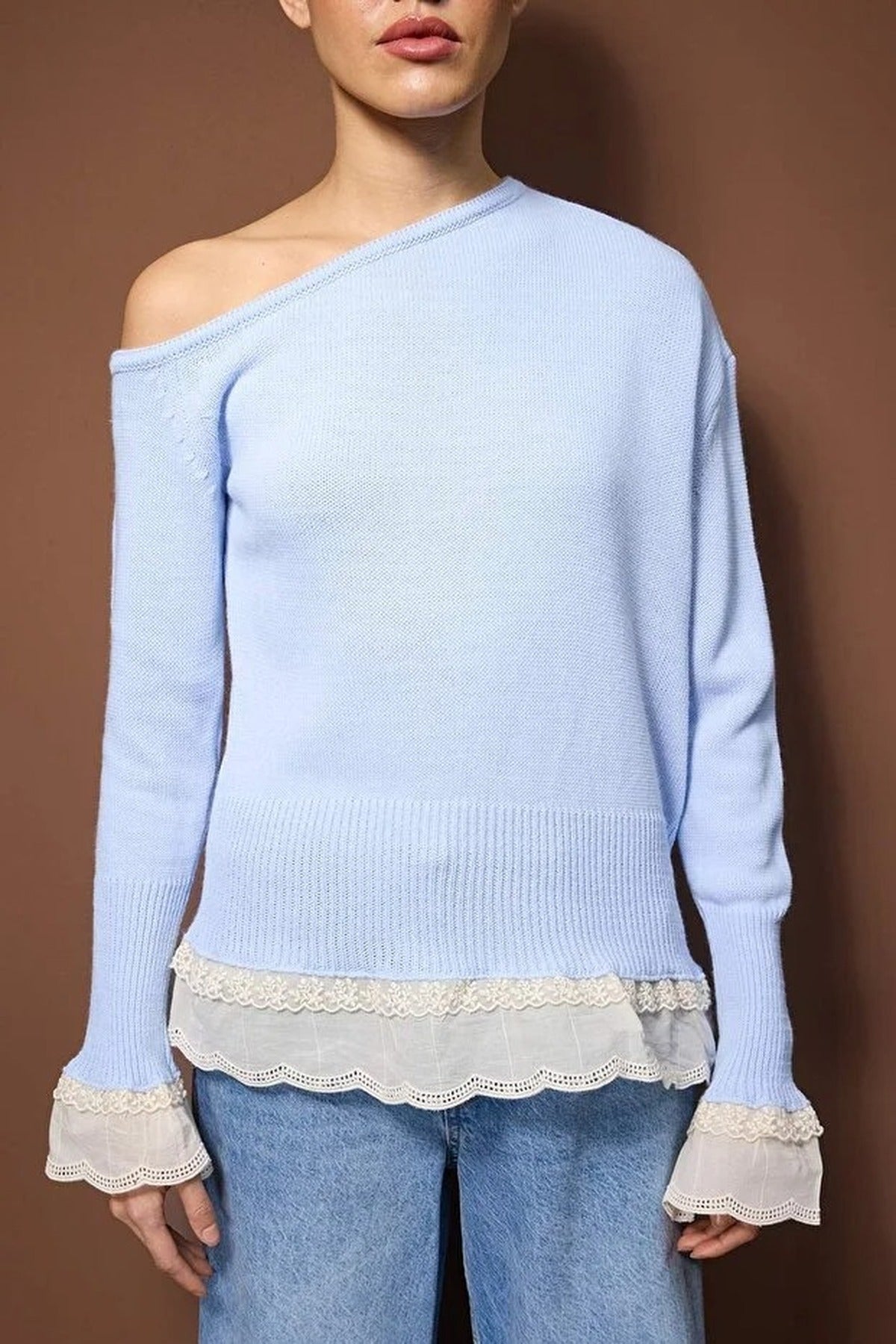 Lace Trimmed Boat Neck Knit Sweater