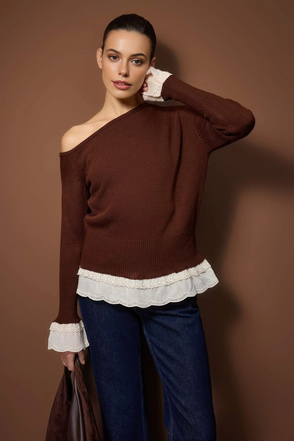 Lace Trimmed Boat Neck Knit Sweater