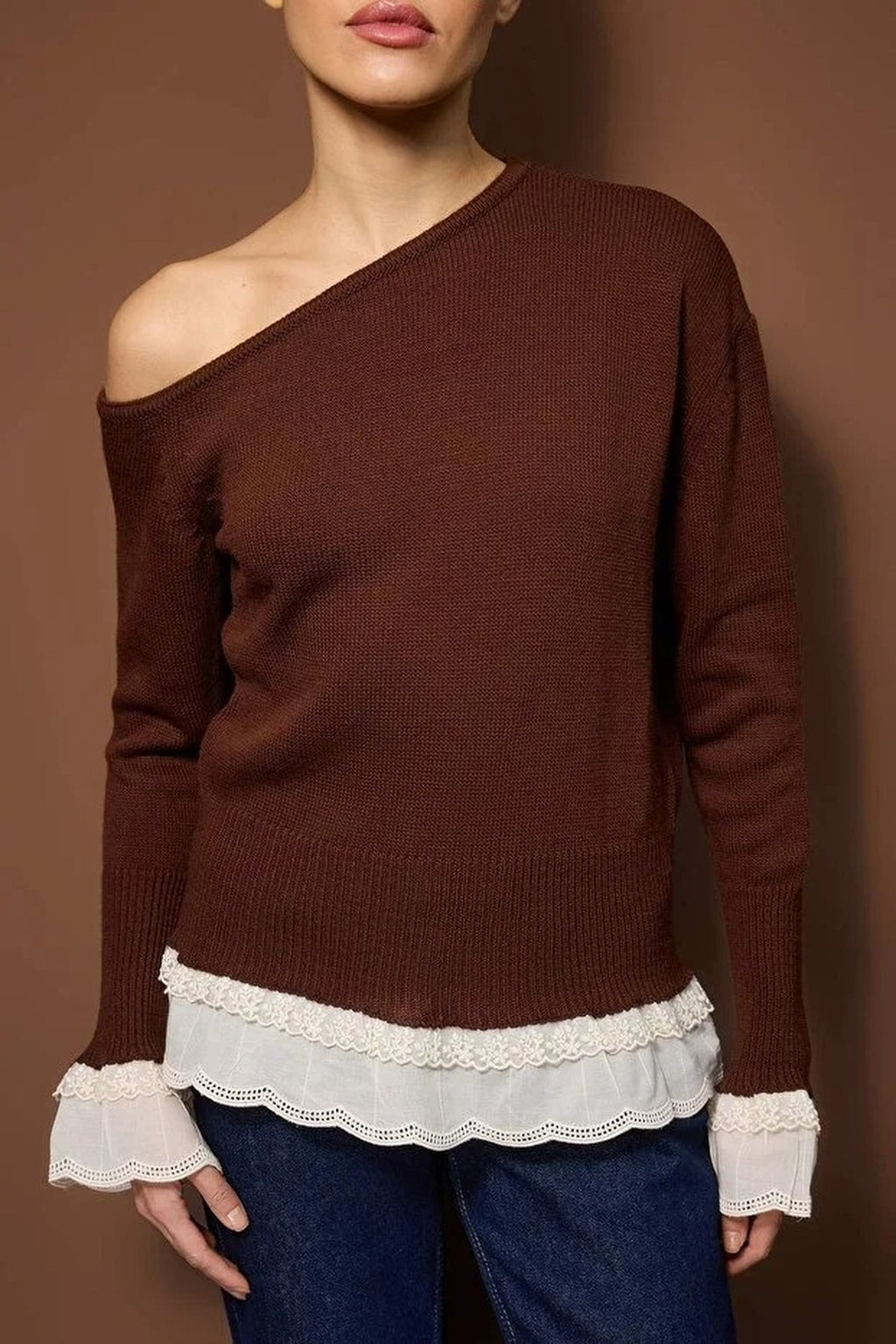 Lace Trimmed Boat Neck Knit Sweater