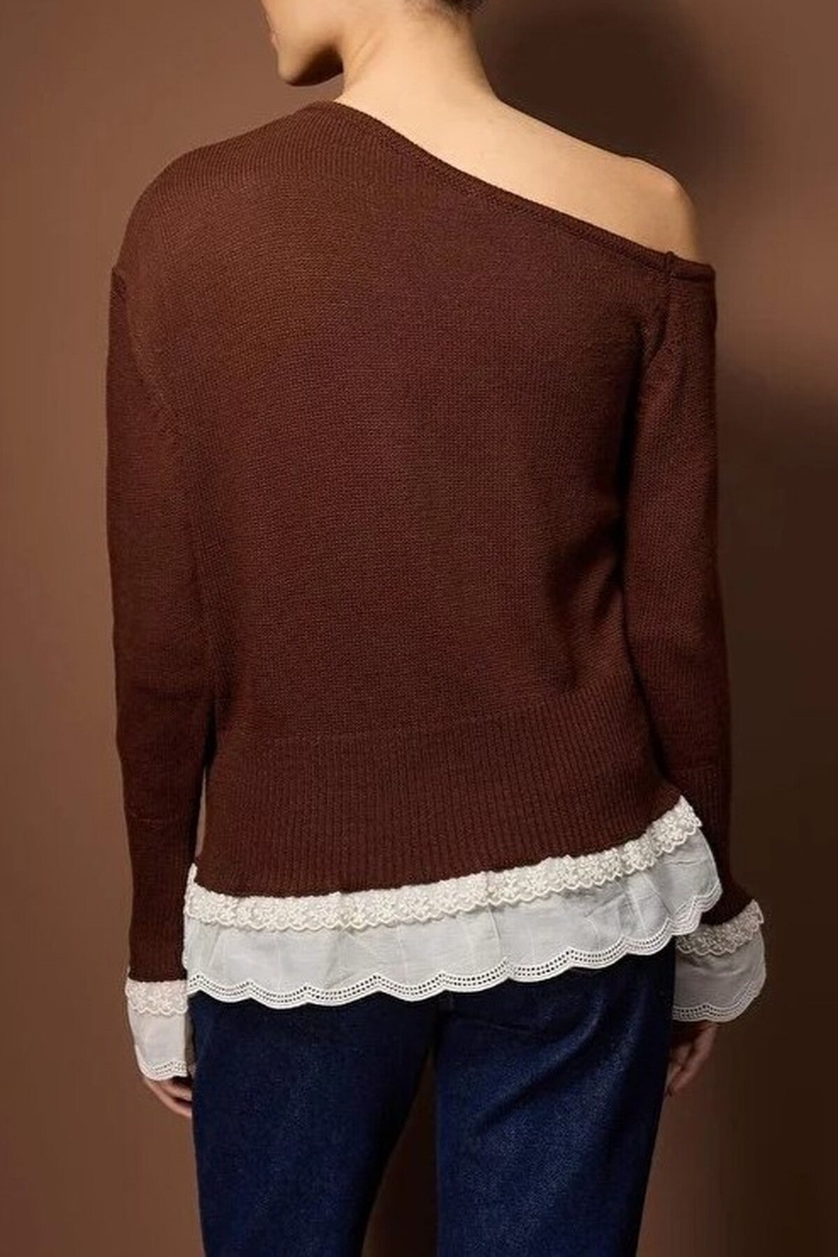 Lace Trimmed Boat Neck Knit Sweater