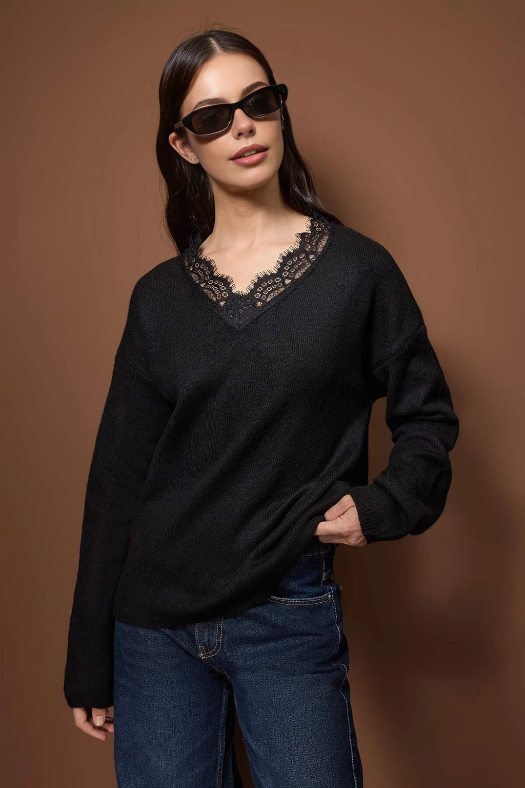 Soft Textured V-Neck Lace Knit Sweater