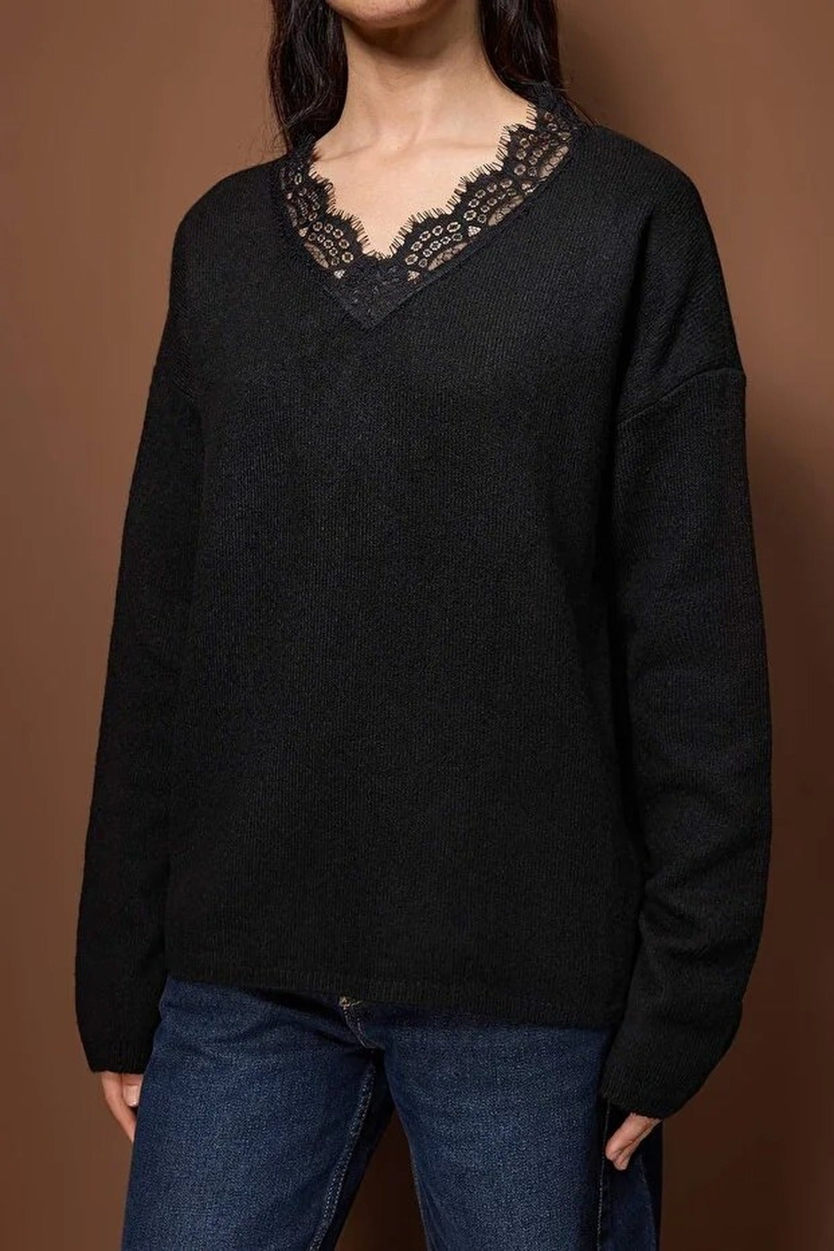 Soft Textured V-Neck Lace Knit Sweater