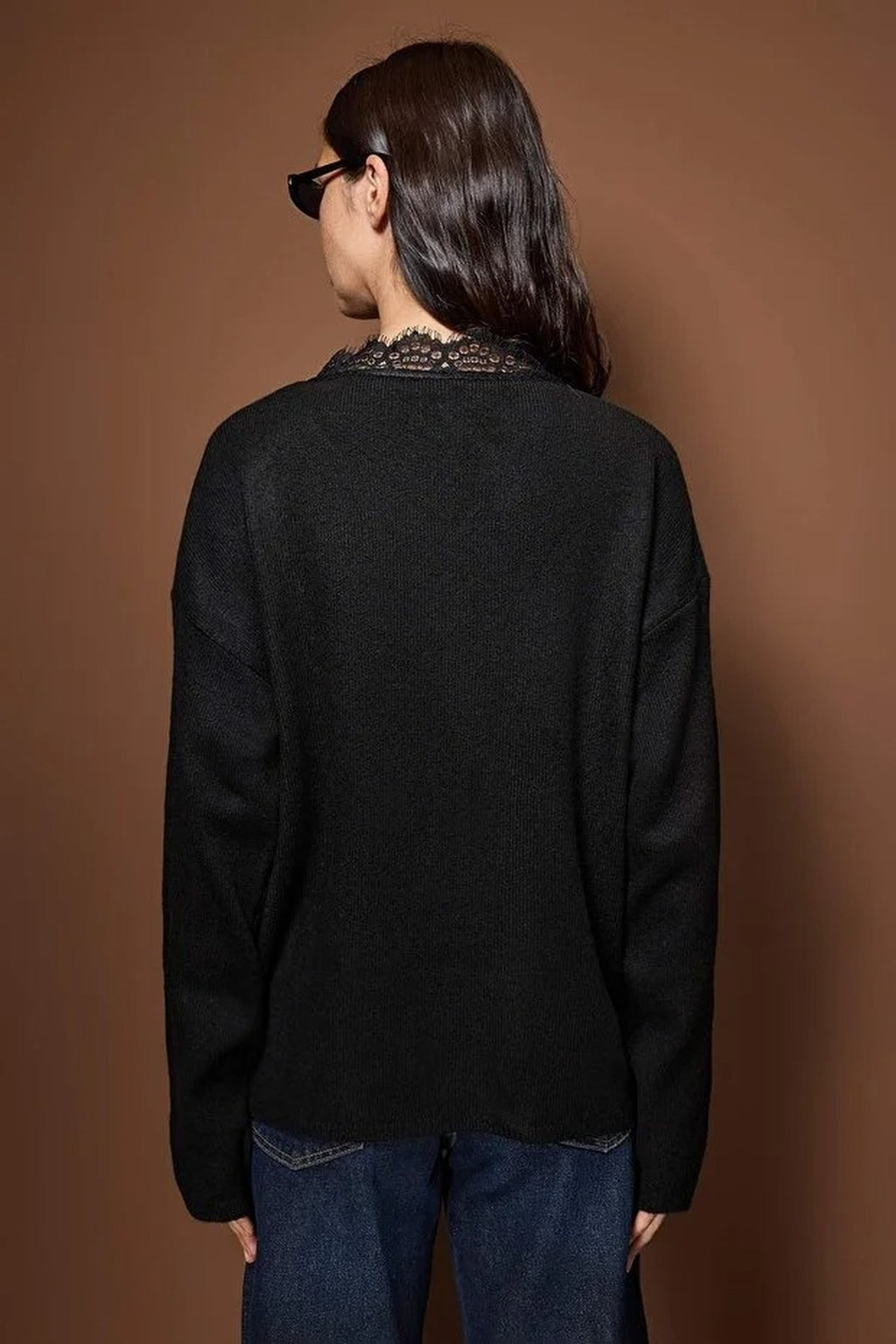 Soft Textured V-Neck Lace Knit Sweater