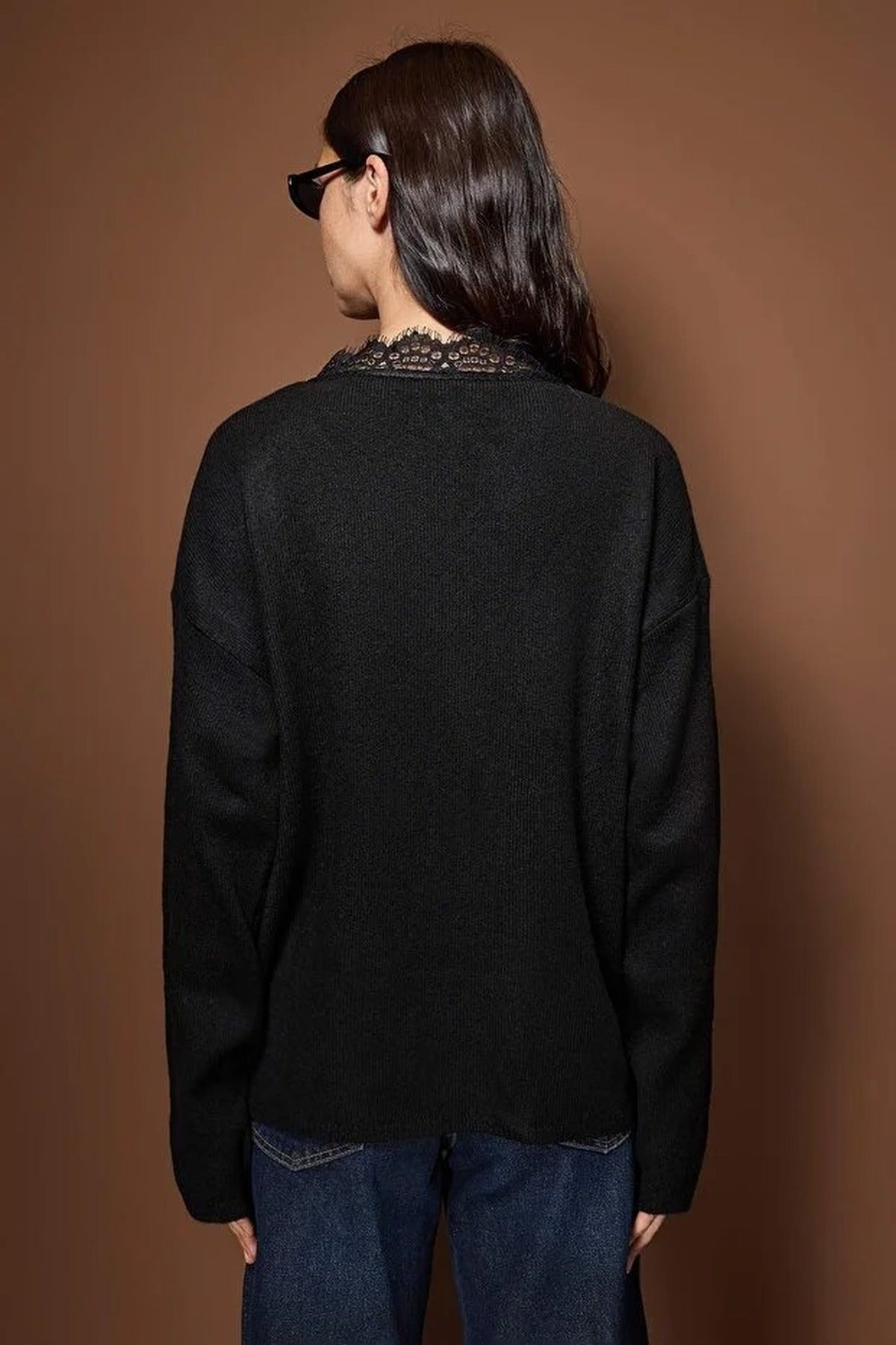 Soft Textured V-Neck Lace Knit Sweater