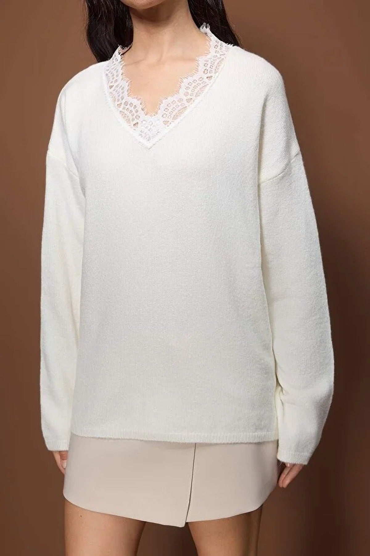 Soft Textured V-Neck Lace Knit Sweater