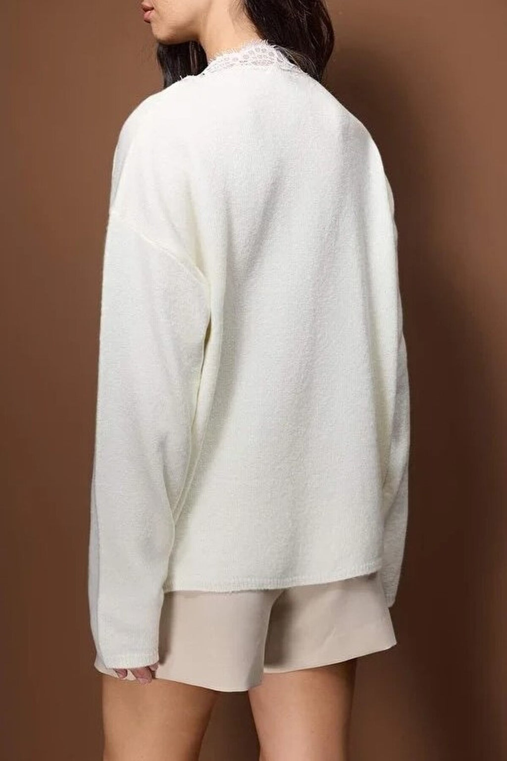 Soft Textured V-Neck Lace Knit Sweater