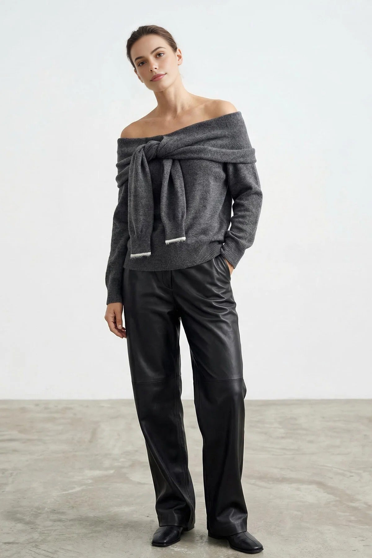 Soft Textured Madonna Neck Tie-Up Knit Sweater