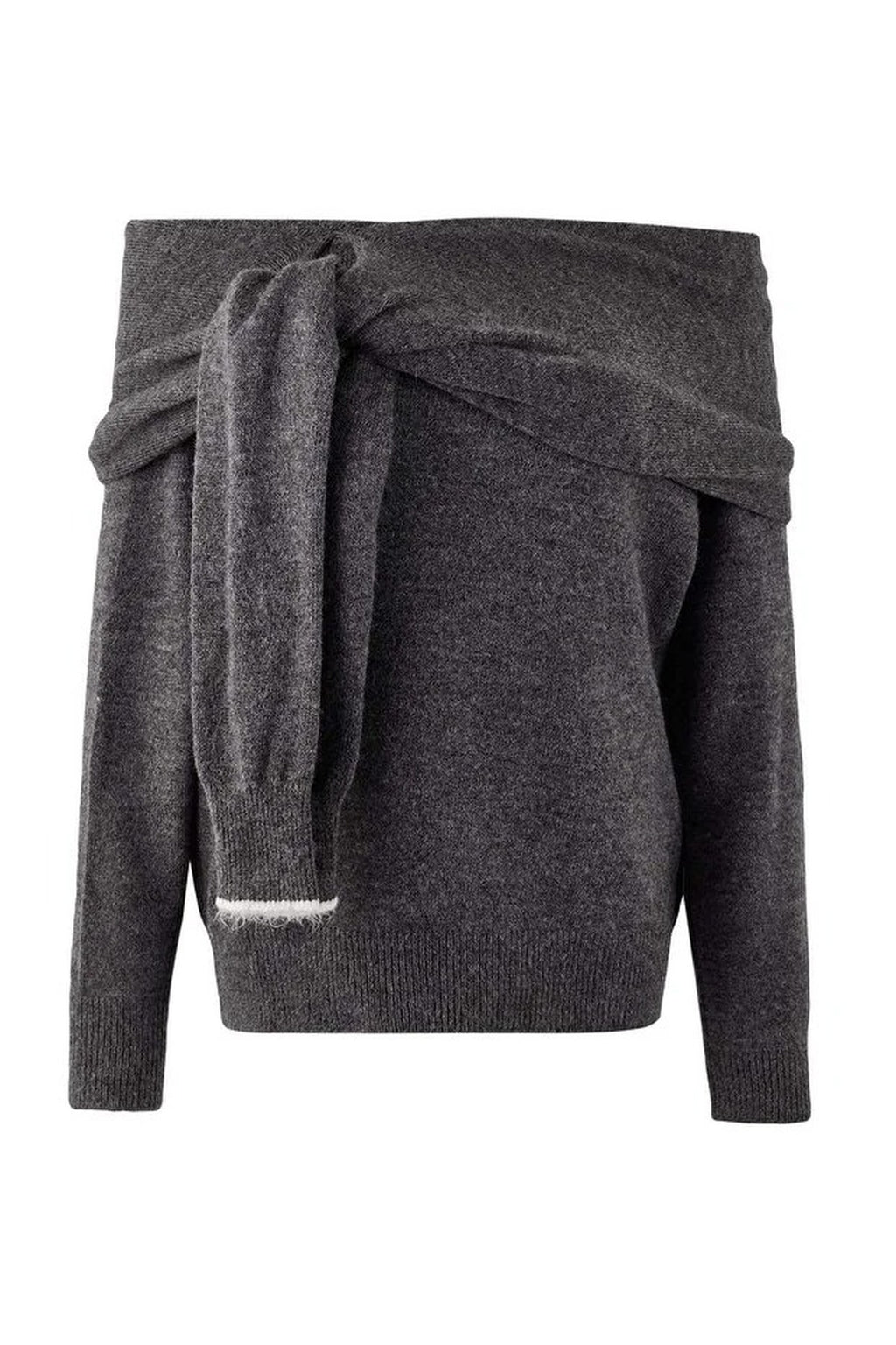 Soft Textured Madonna Neck Tie-Up Knit Sweater