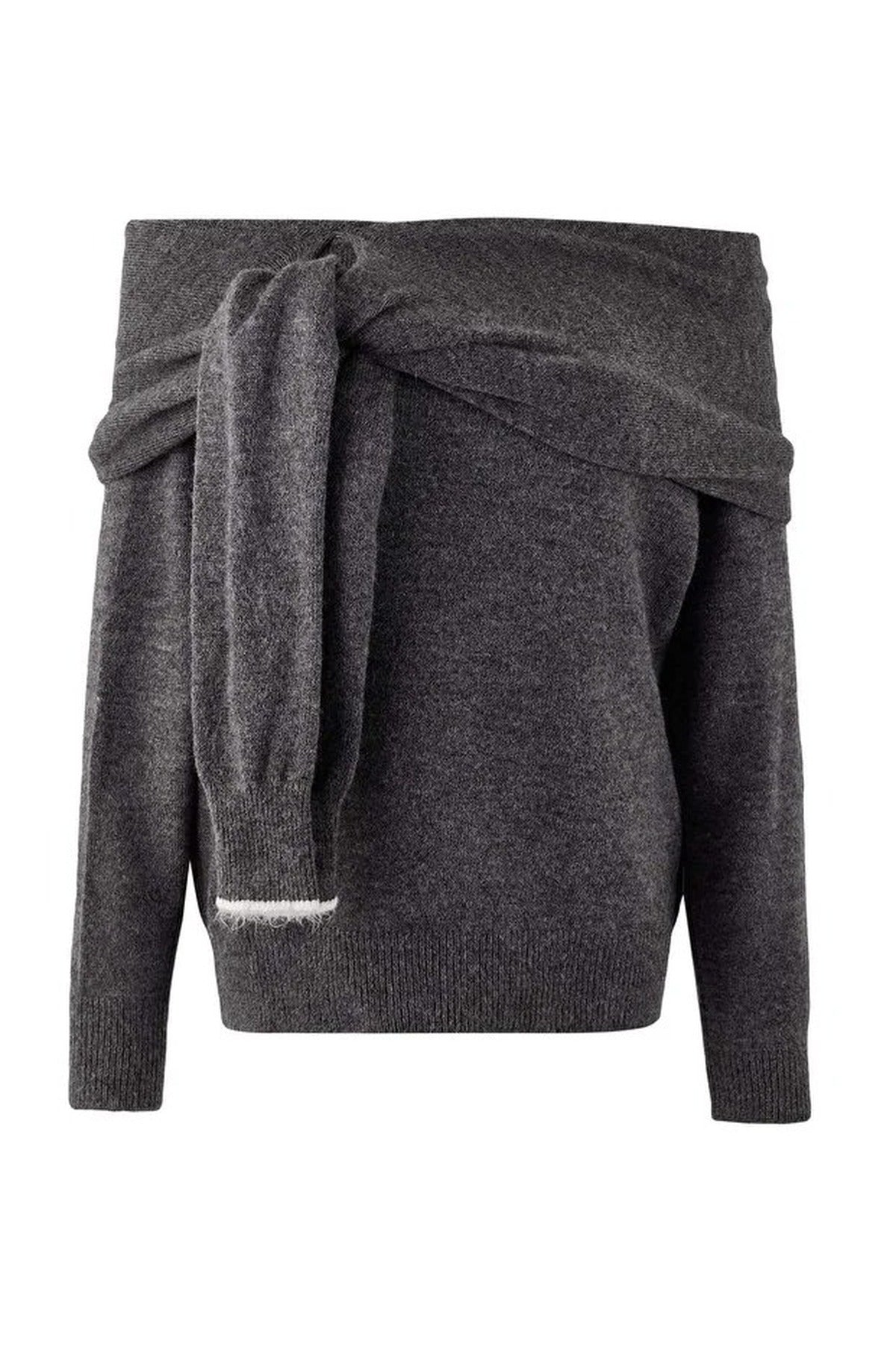 Soft Textured Madonna Neck Tie-Up Knit Sweater