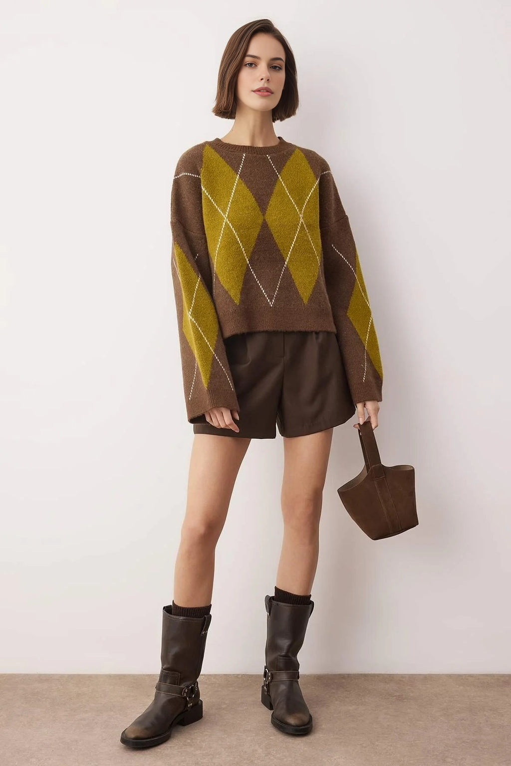 Argyle Patterned Knitted Sweater
