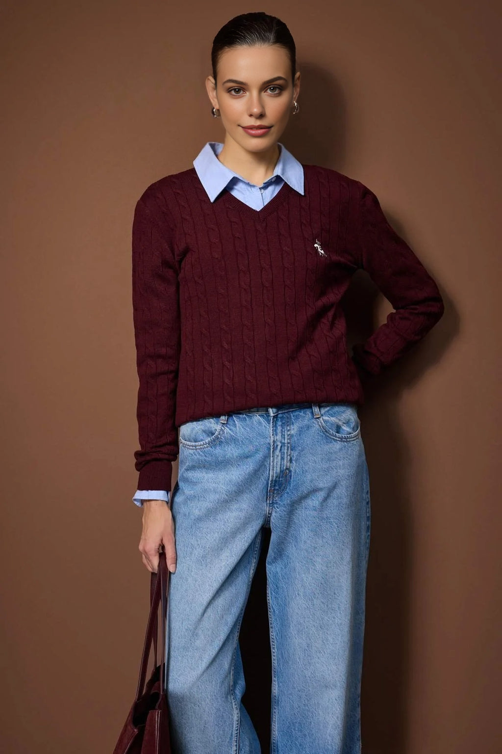 Horse Embroidered V-Neck Cable Knit Sweater