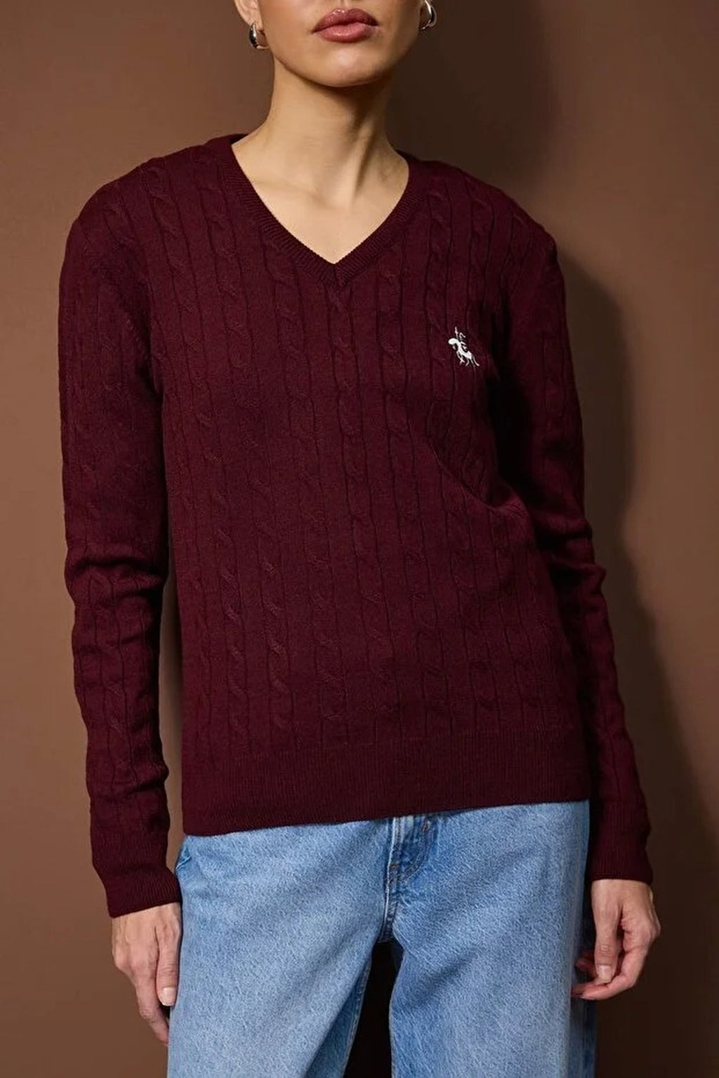 Horse Embroidered V-Neck Cable Knit Sweater