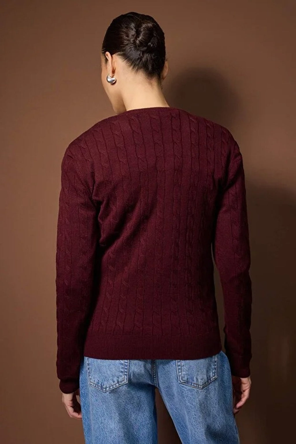 Horse Embroidered V-Neck Cable Knit Sweater