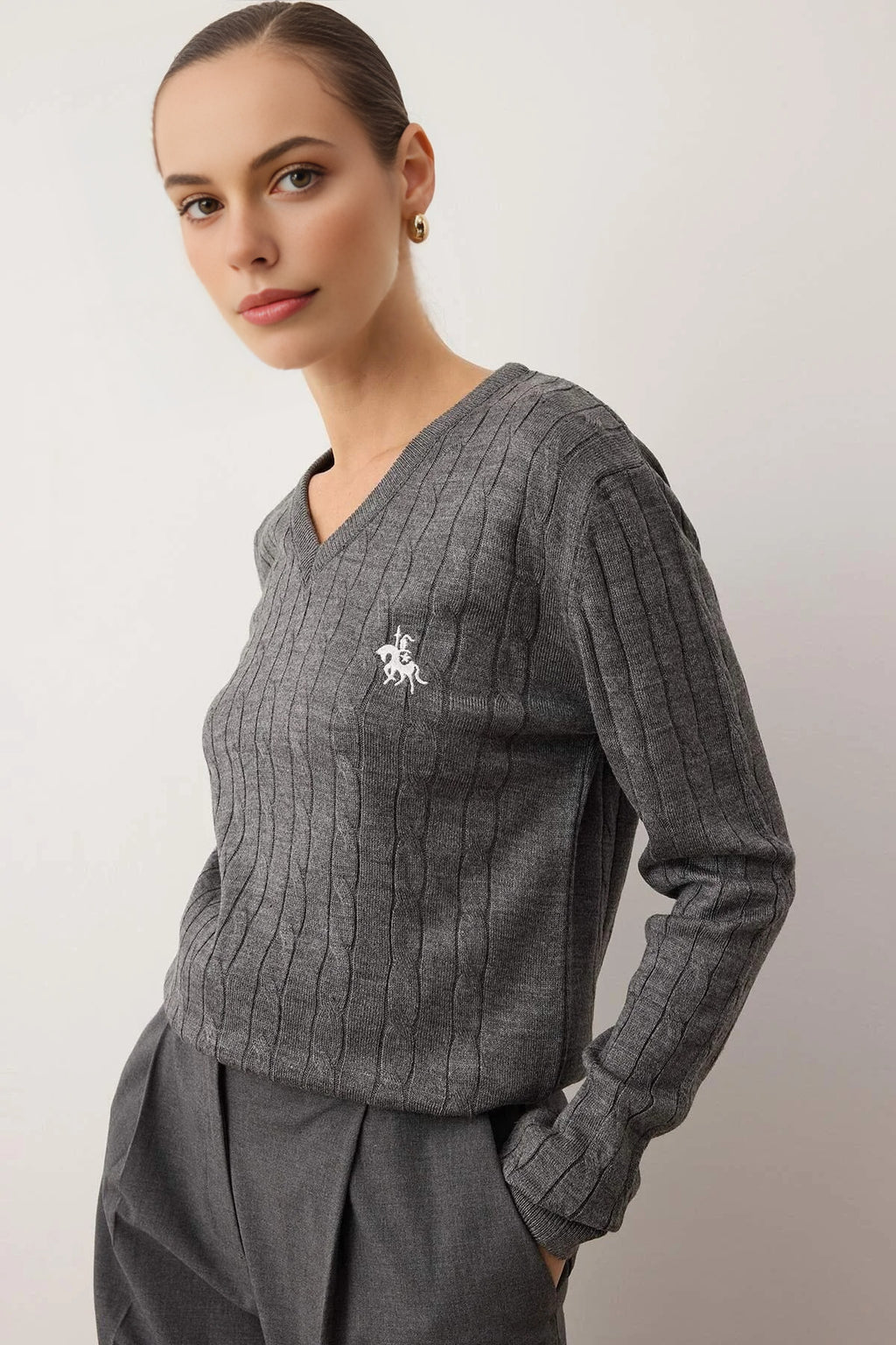 Horse Embroidered V-Neck Cable Knit Sweater