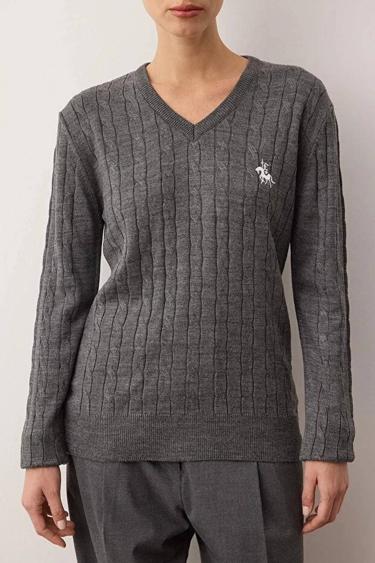Horse Embroidered V-Neck Cable Knit Sweater