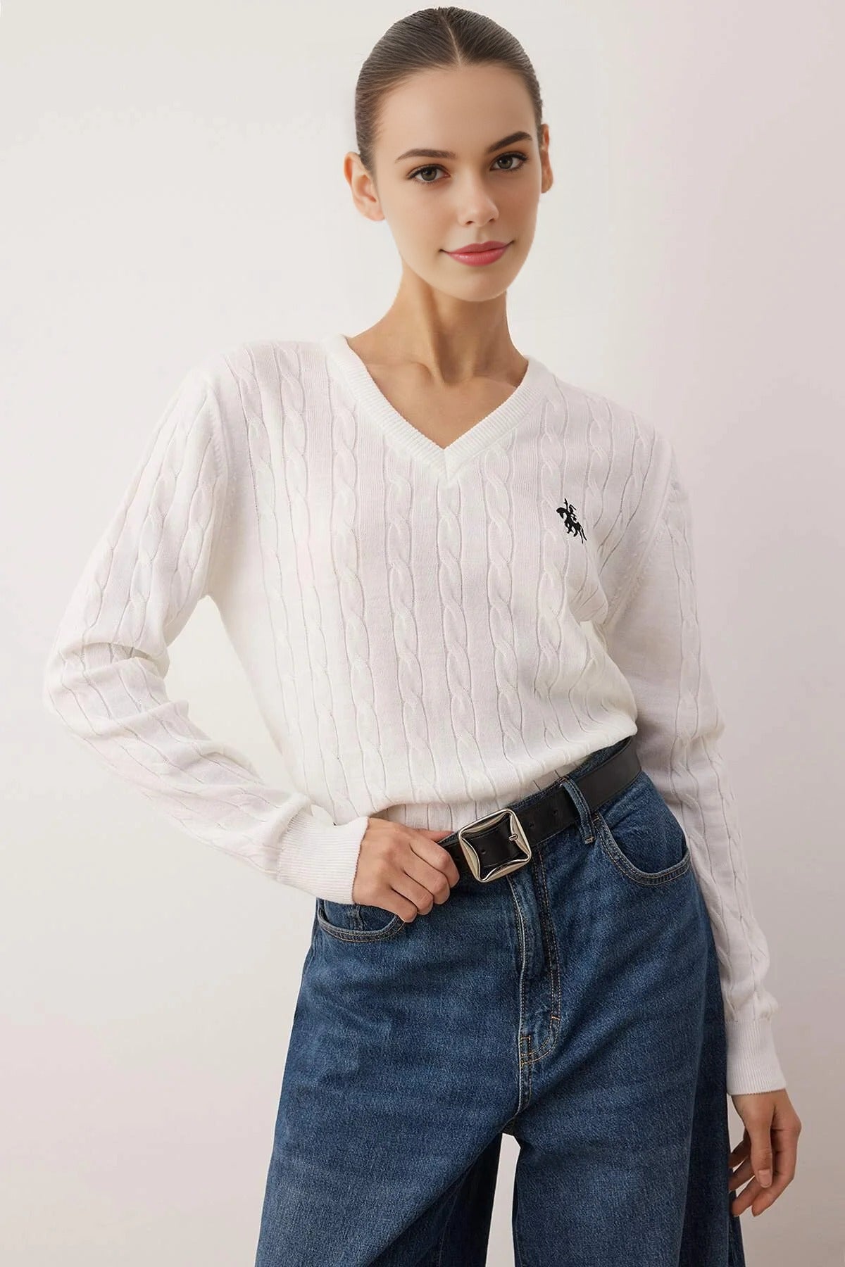 Horse Embroidered V-Neck Cable Knit Sweater