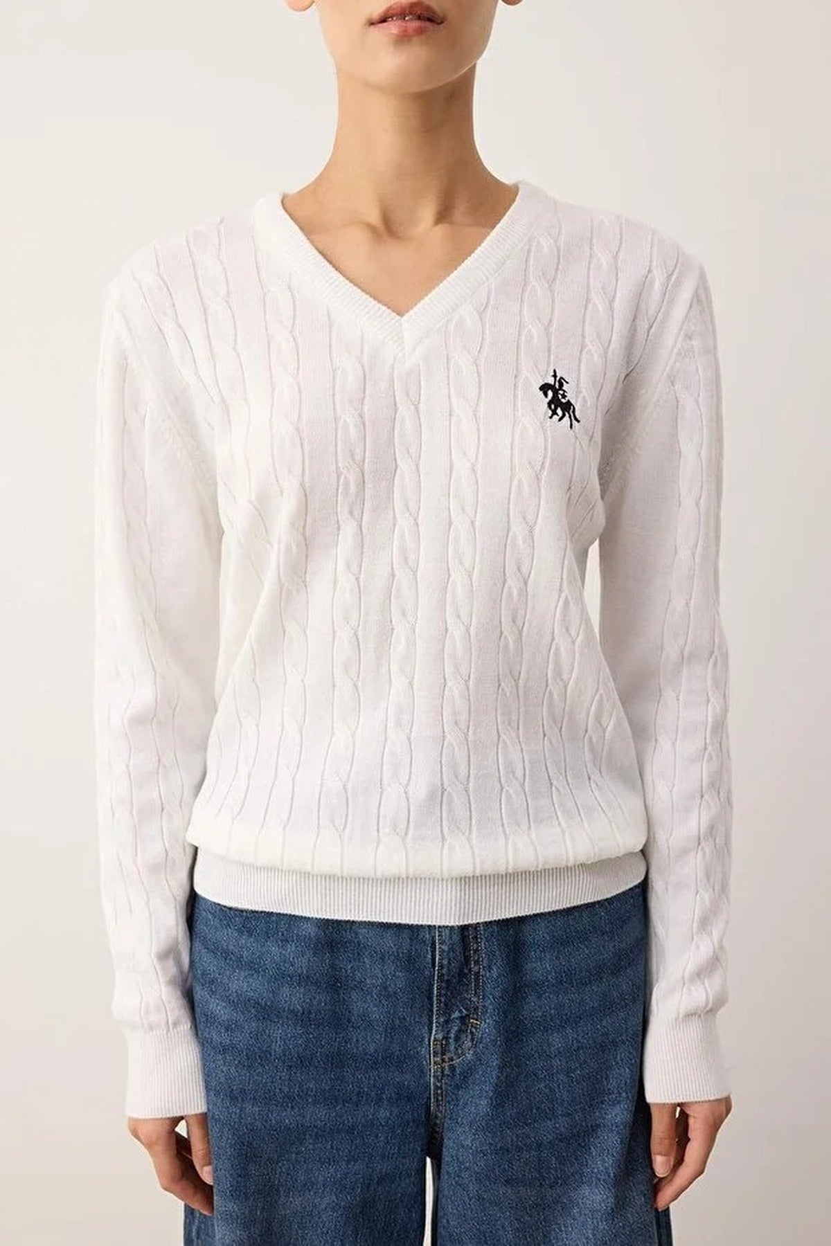 Horse Embroidered V-Neck Cable Knit Sweater