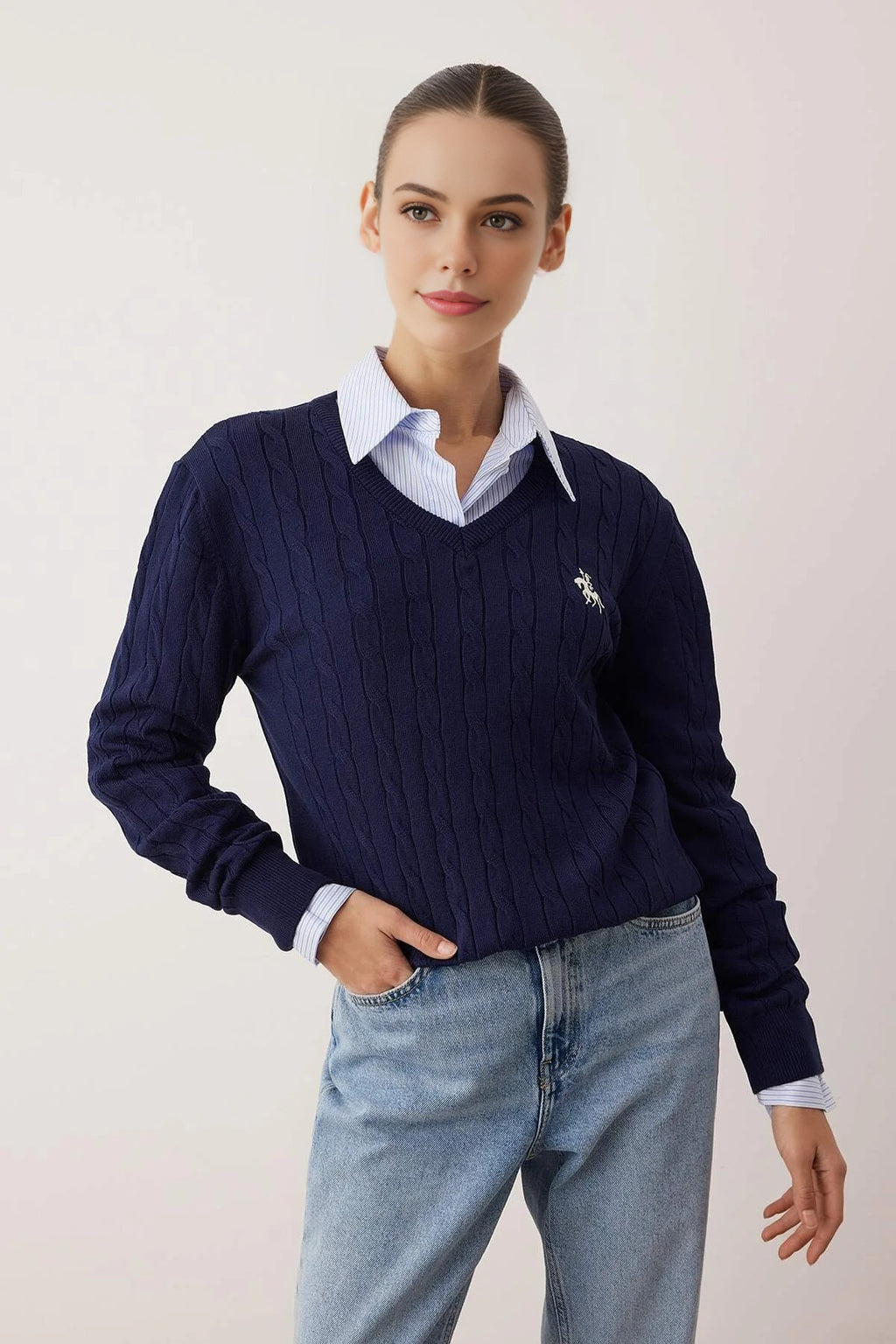 Horse Embroidered V-Neck Cable Knit Sweater