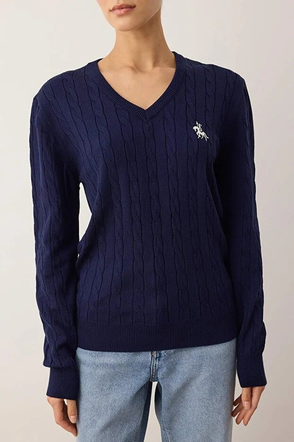 Horse Embroidered V-Neck Cable Knit Sweater