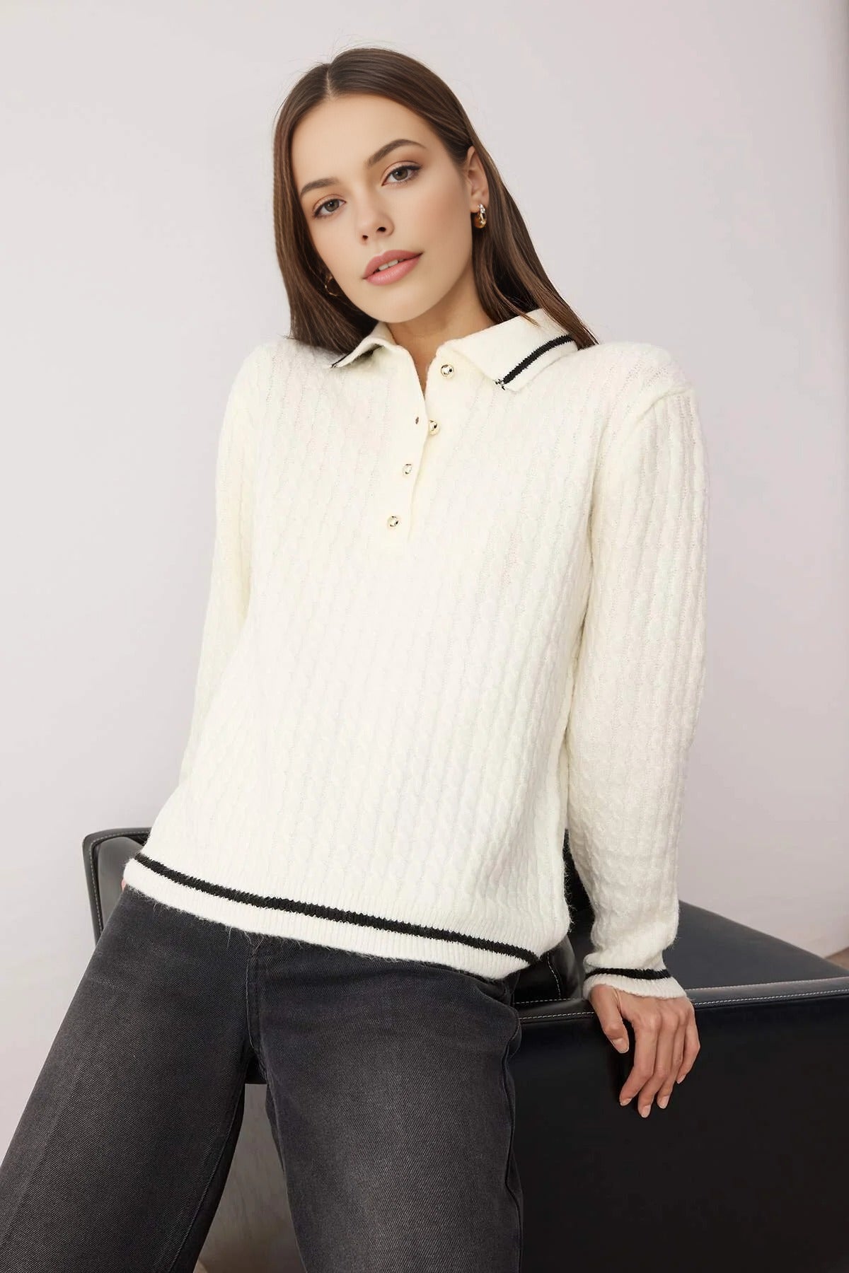 Polo Collar Soft Textured Knit Sweater