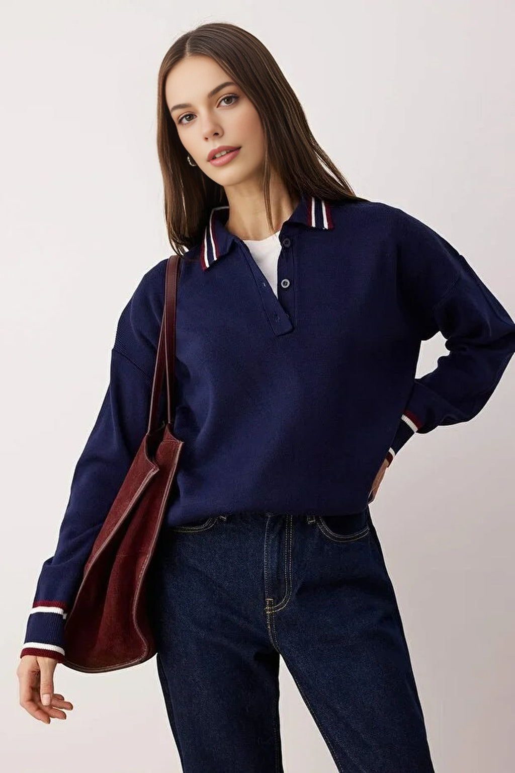 Color Blocked Polo Collar Knit Sweater