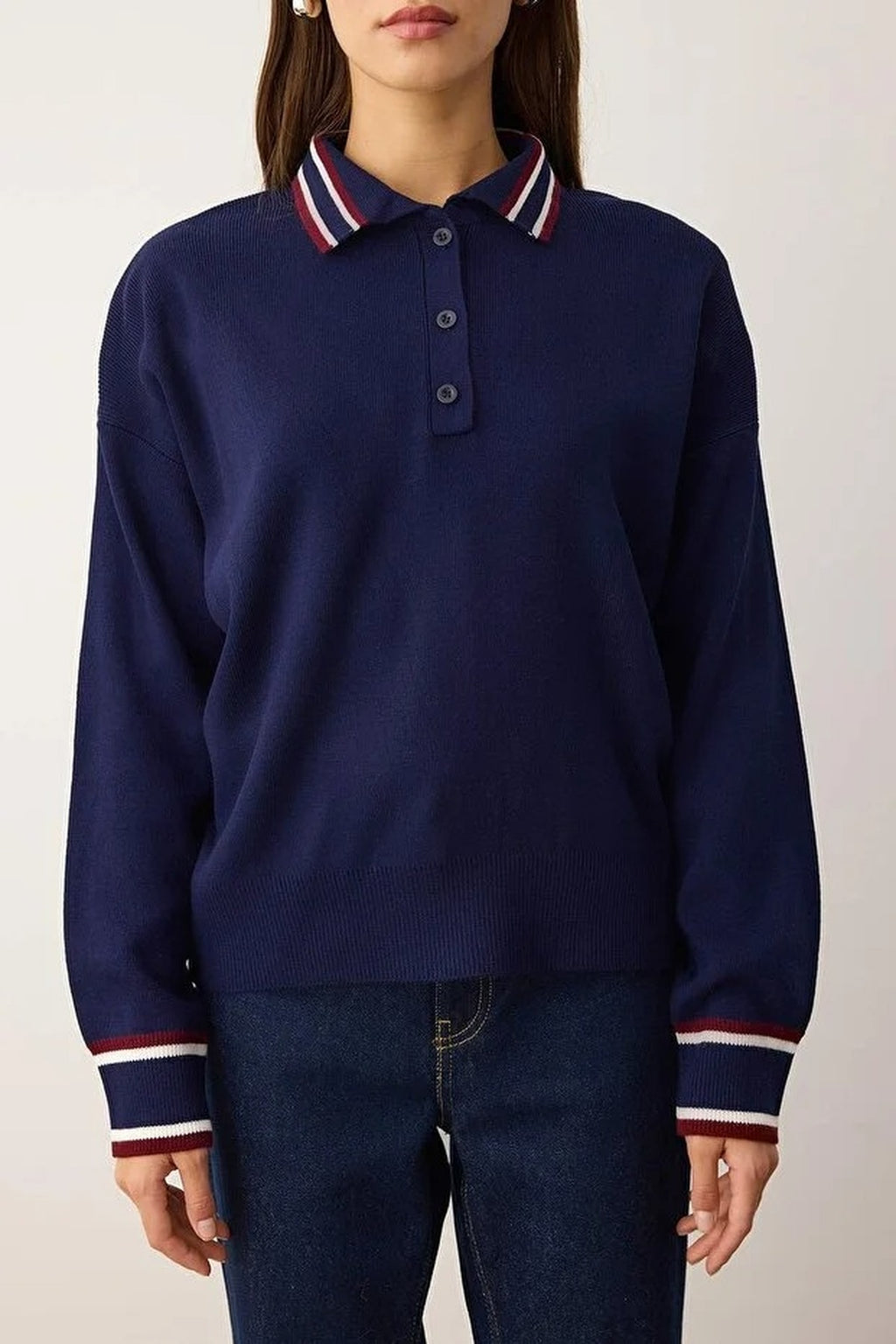 Color Blocked Polo Collar Knit Sweater