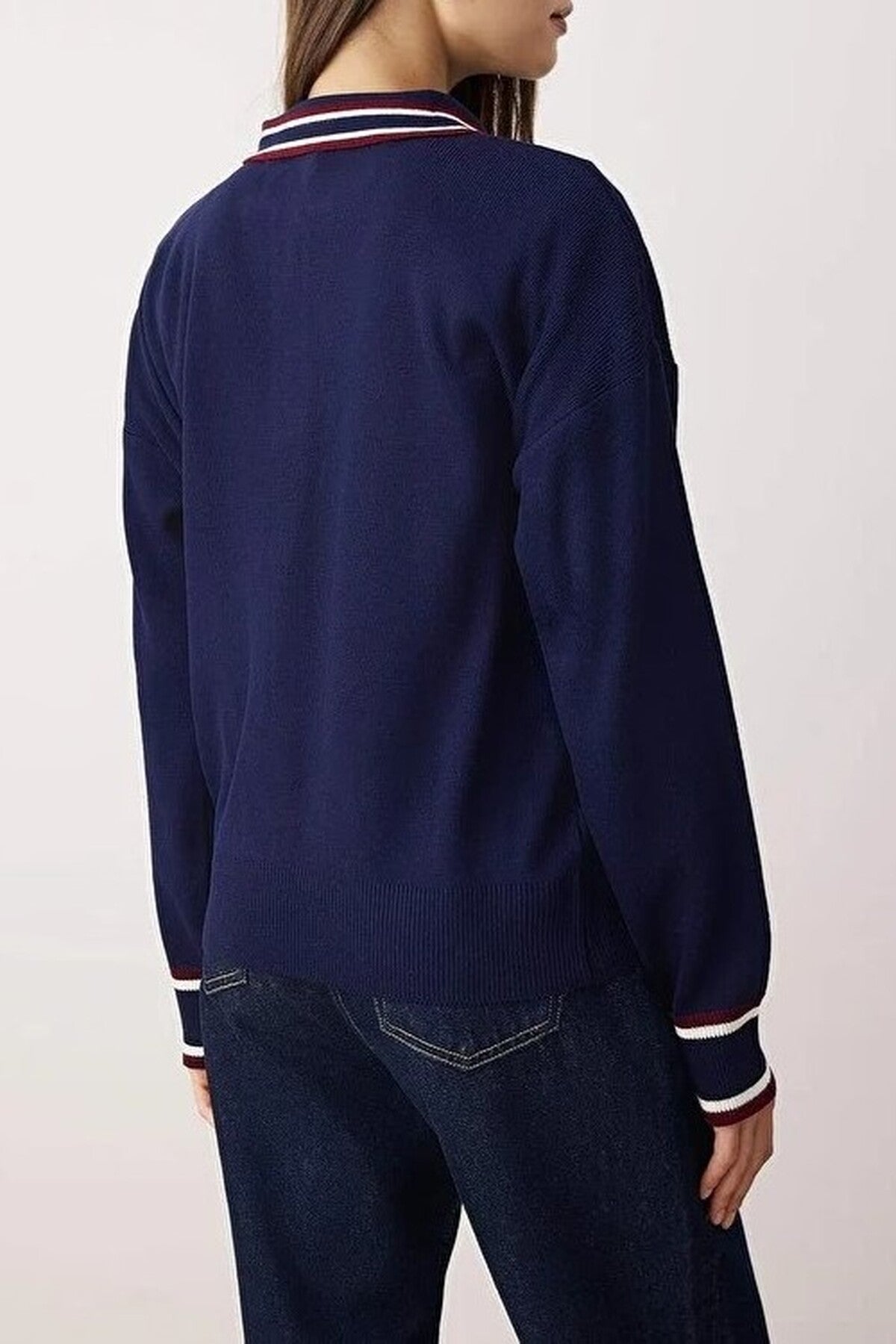 Color Blocked Polo Collar Knit Sweater