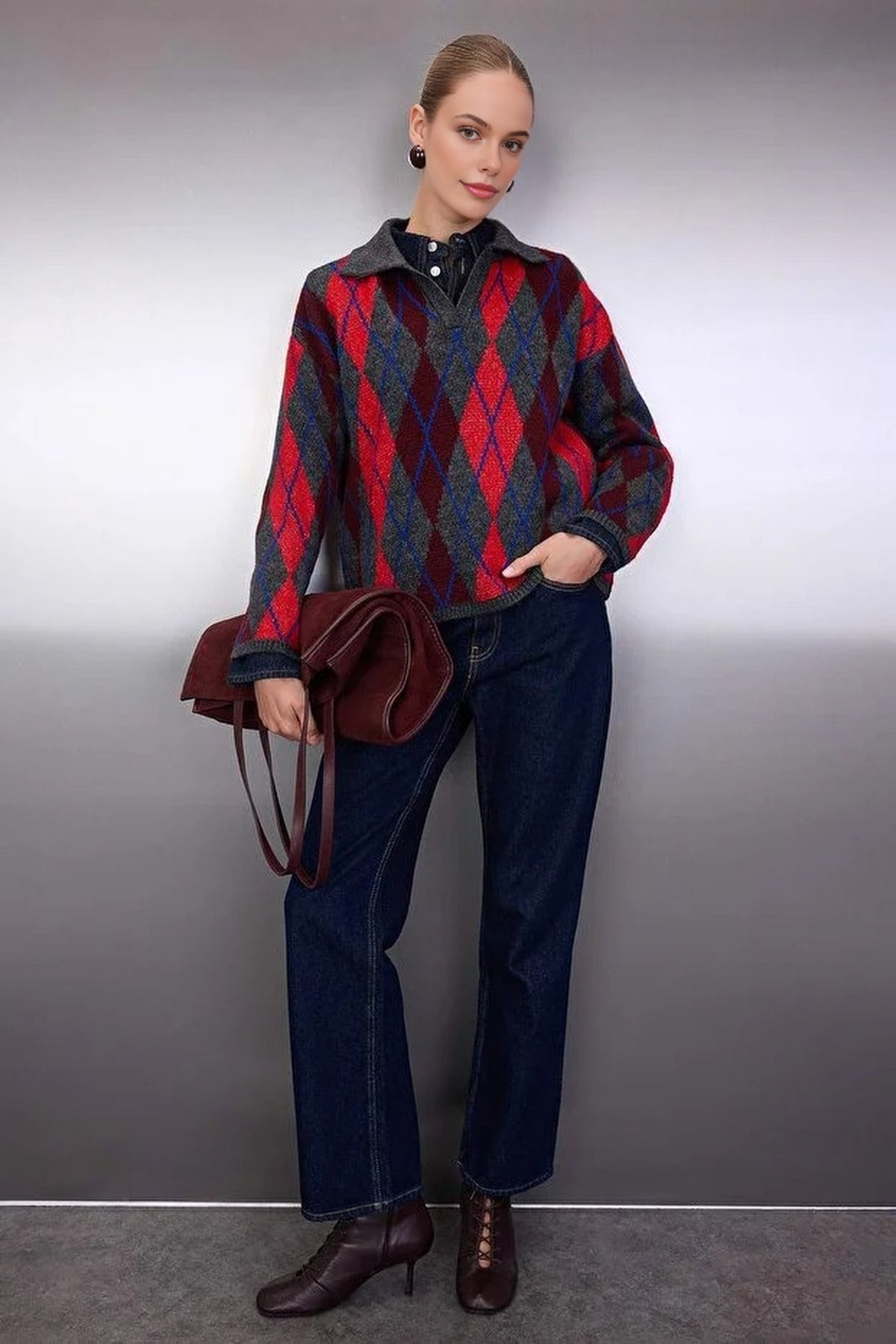 Patterned Polo Collar Knit Sweater