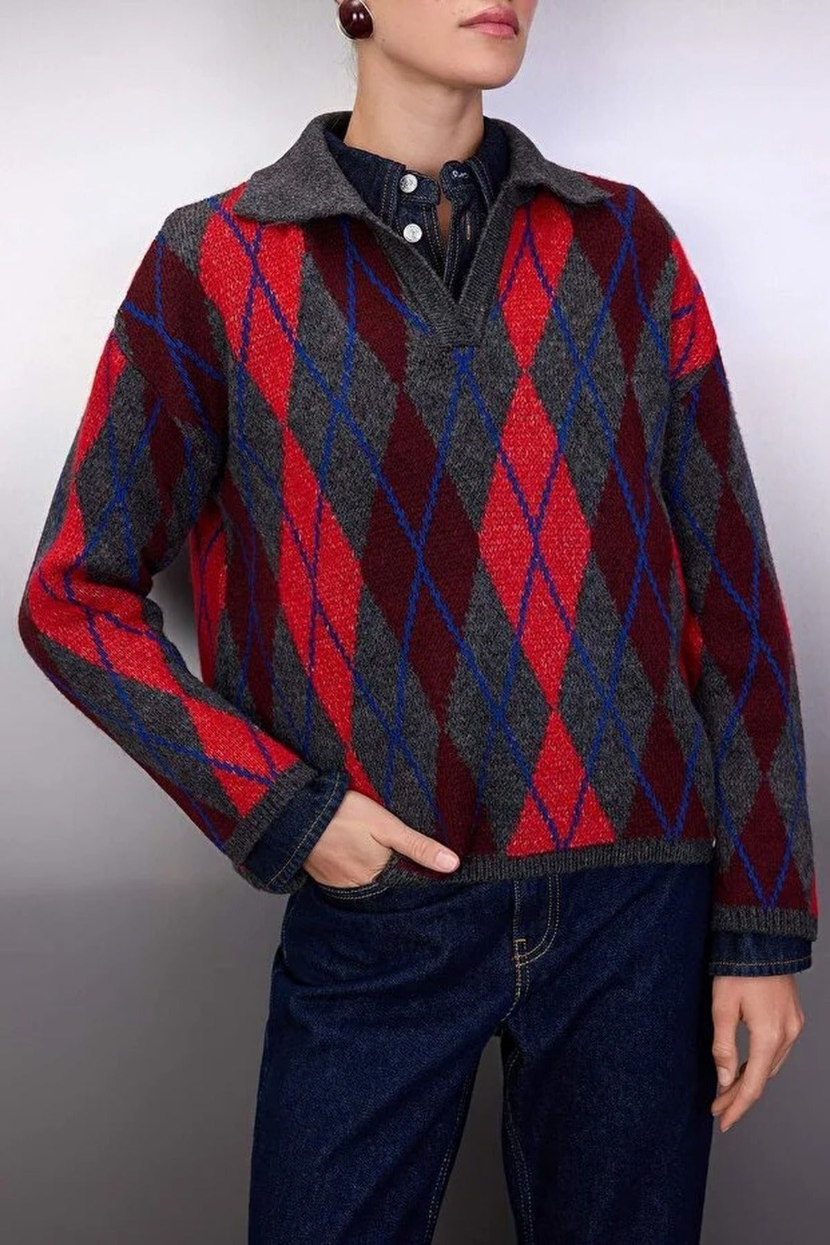 Patterned Polo Collar Knit Sweater