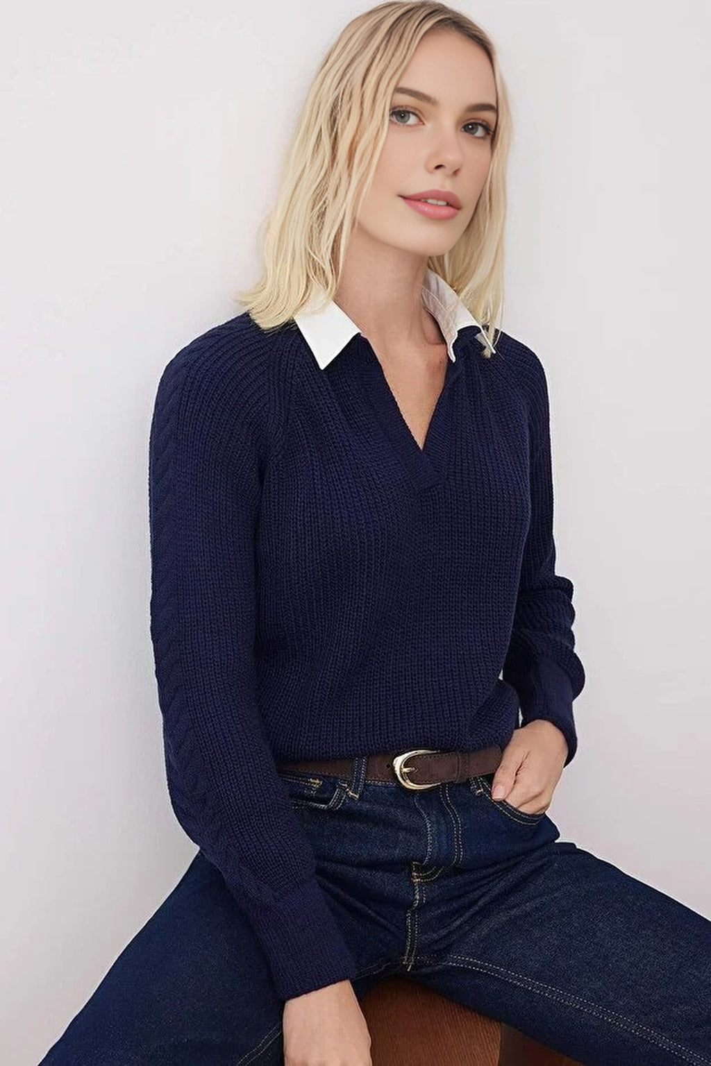 Shirt Trimmed Soft Textured Knit Sweater