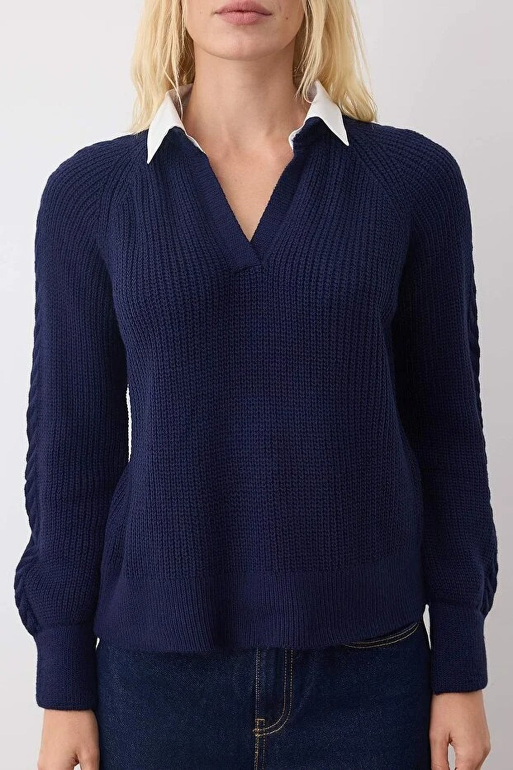 Shirt Trimmed Soft Textured Knit Sweater