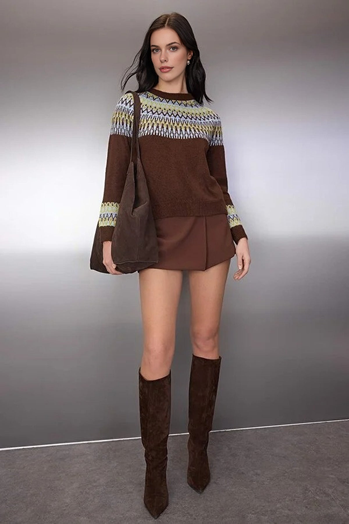 Soft Textured Ethnic Patterned Knit Sweater