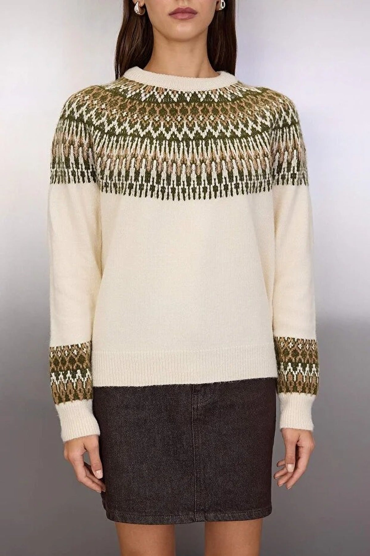 Soft Textured Ethnic Patterned Knit Sweater