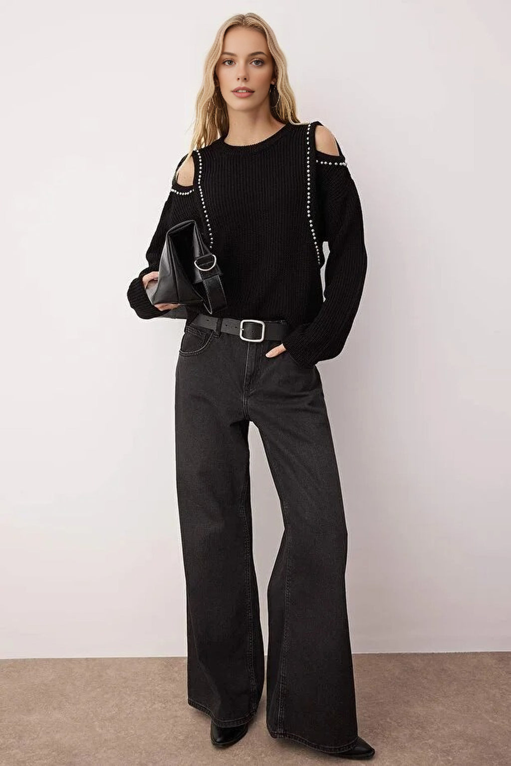 Pearl Embellished Knit Sweater with Shoulder Cut Out Detail