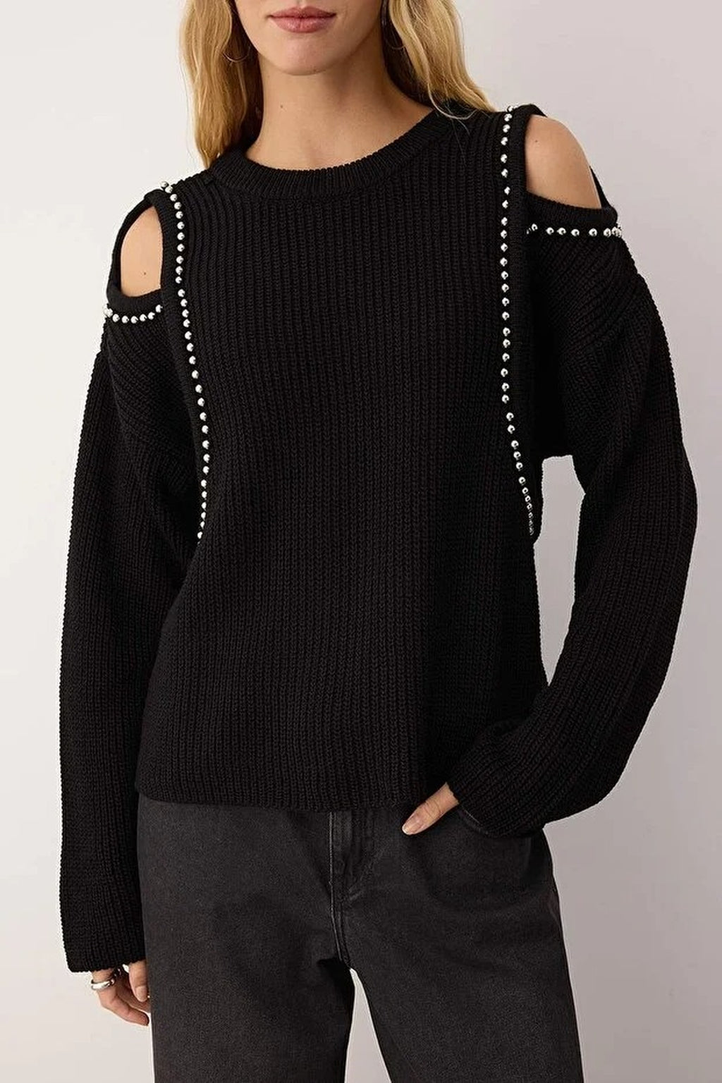 Pearl Embellished Knit Sweater with Shoulder Cut Out Detail
