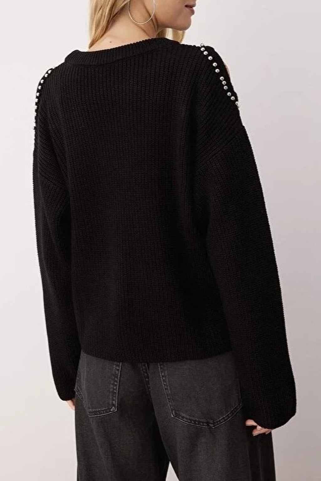 Pearl Embellished Knit Sweater with Shoulder Cut Out Detail