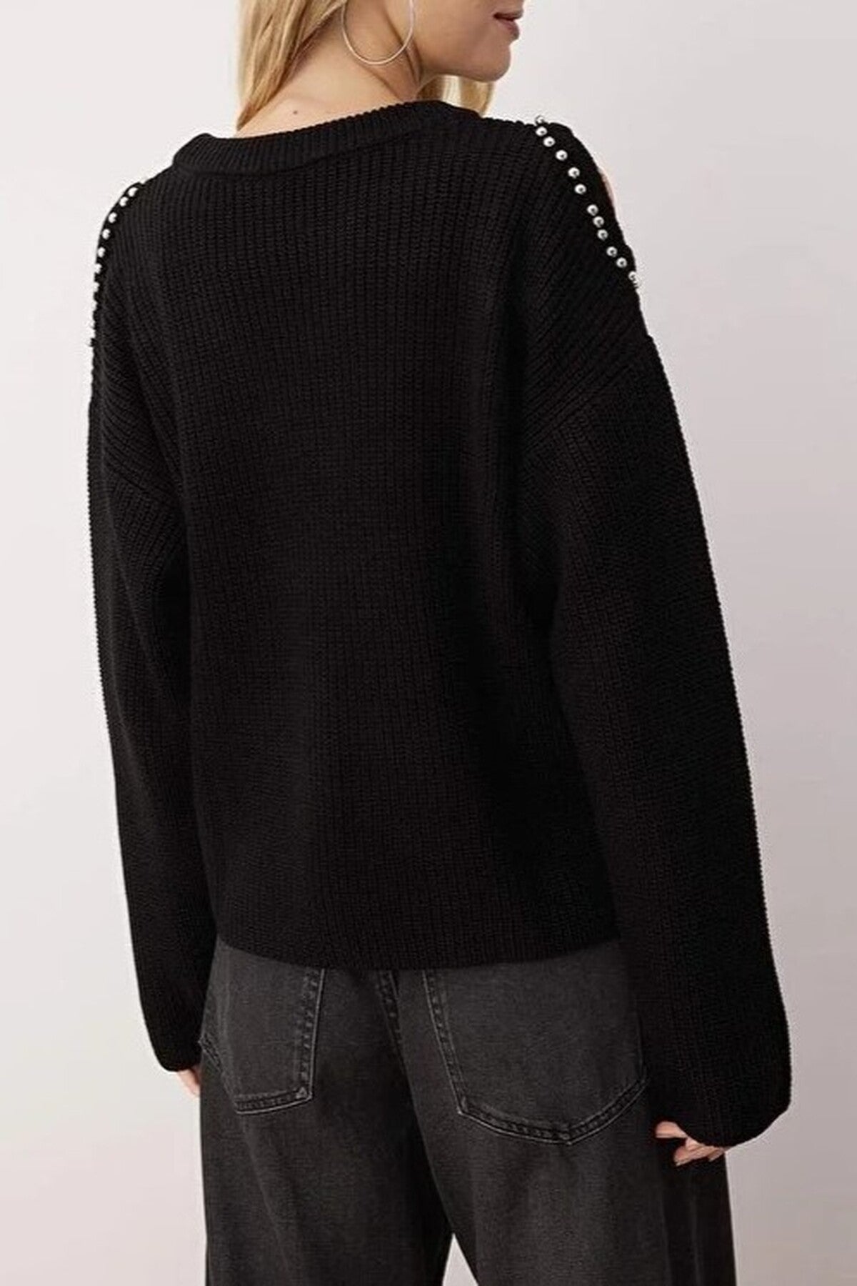 Pearl Embellished Knit Sweater with Shoulder Cut Out Detail