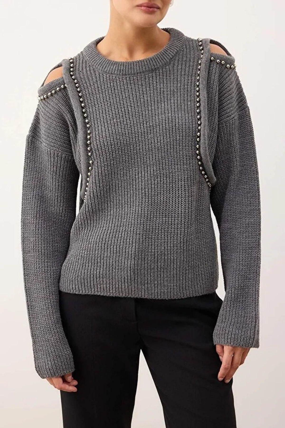 Pearl Embellished Knit Sweater with Shoulder Cut Out Detail