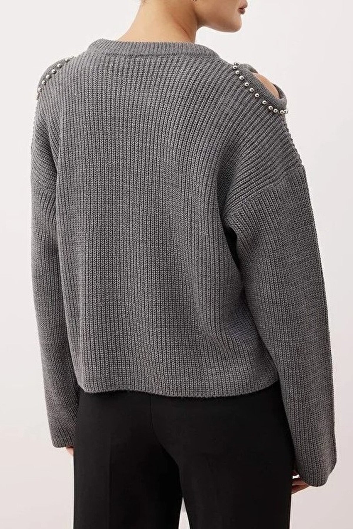 Pearl Embellished Knit Sweater with Shoulder Cut Out Detail