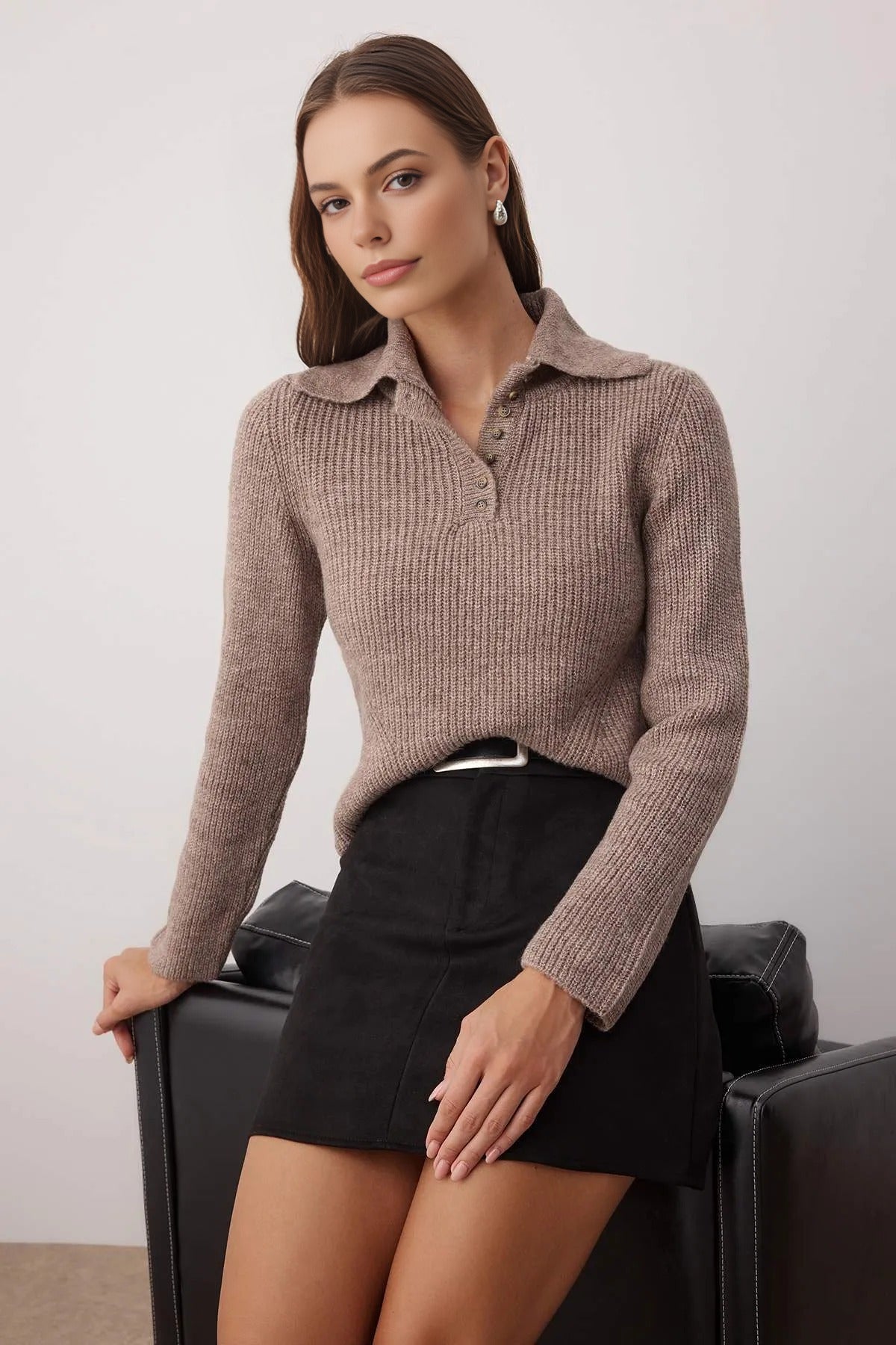 Soft Textured Buttoned Polo Collar Knit Sweater